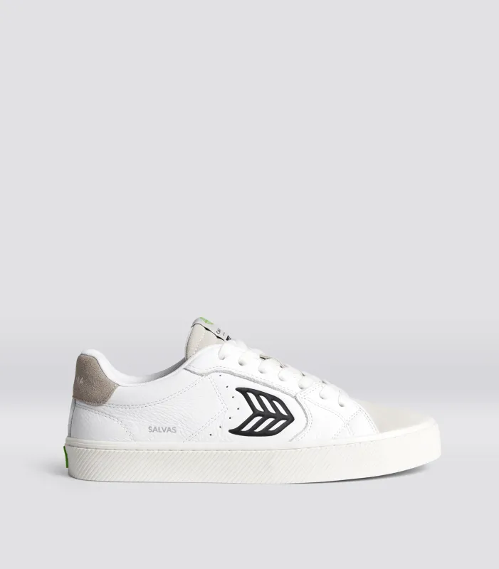 SALVAS White Premium Leather Vintage White Suede Black Logo Sneaker sold by Cariuma