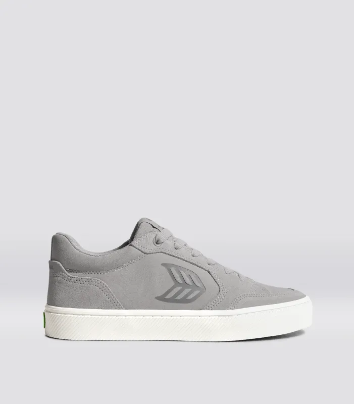 VALLELY Light Grey Suede Charcoal Grey Logo Sneaker sold by Cariuma