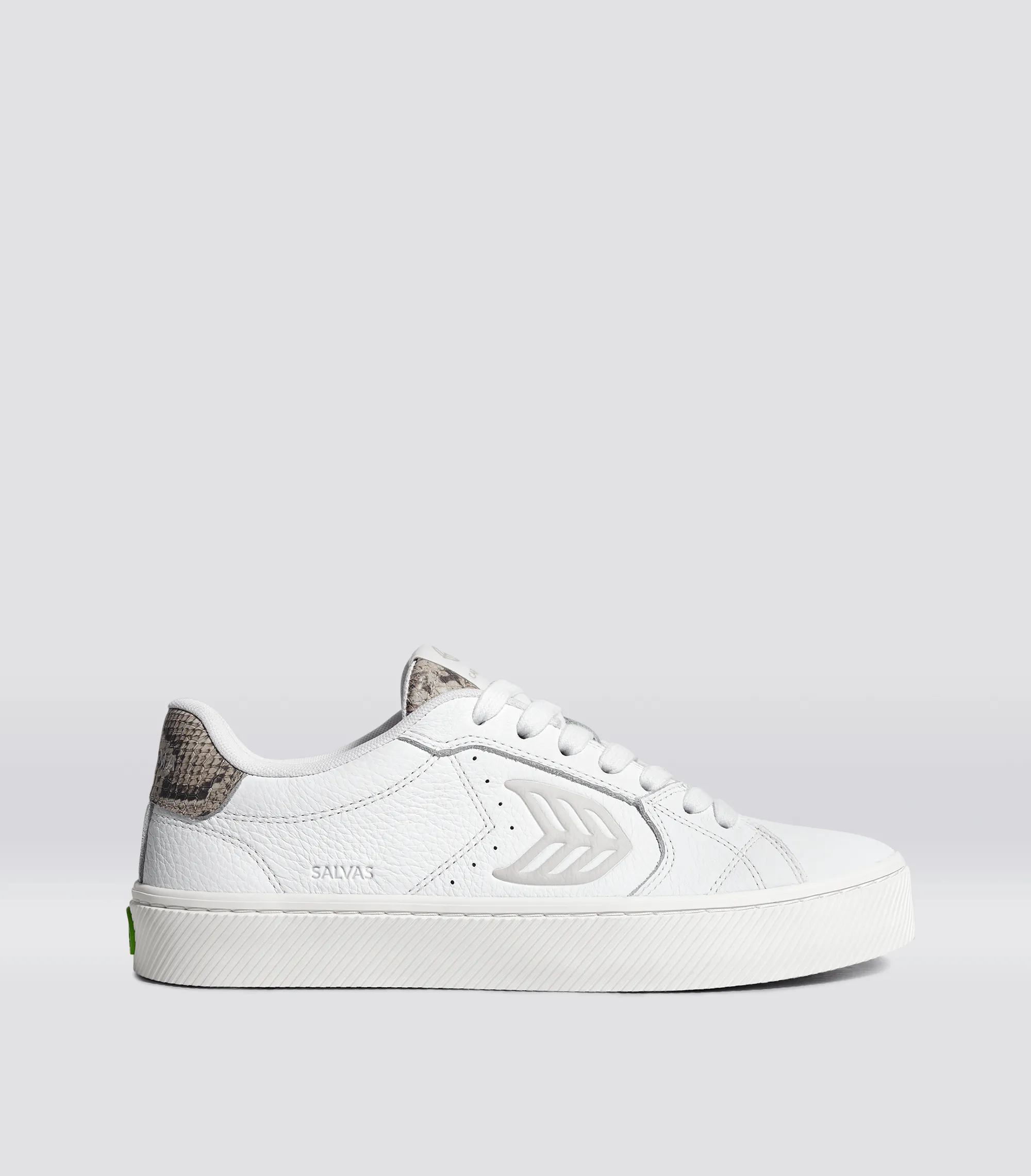 SALVAS White Leather Silver Cloud Logo Snake Skin Print Sneaker sold by Cariuma