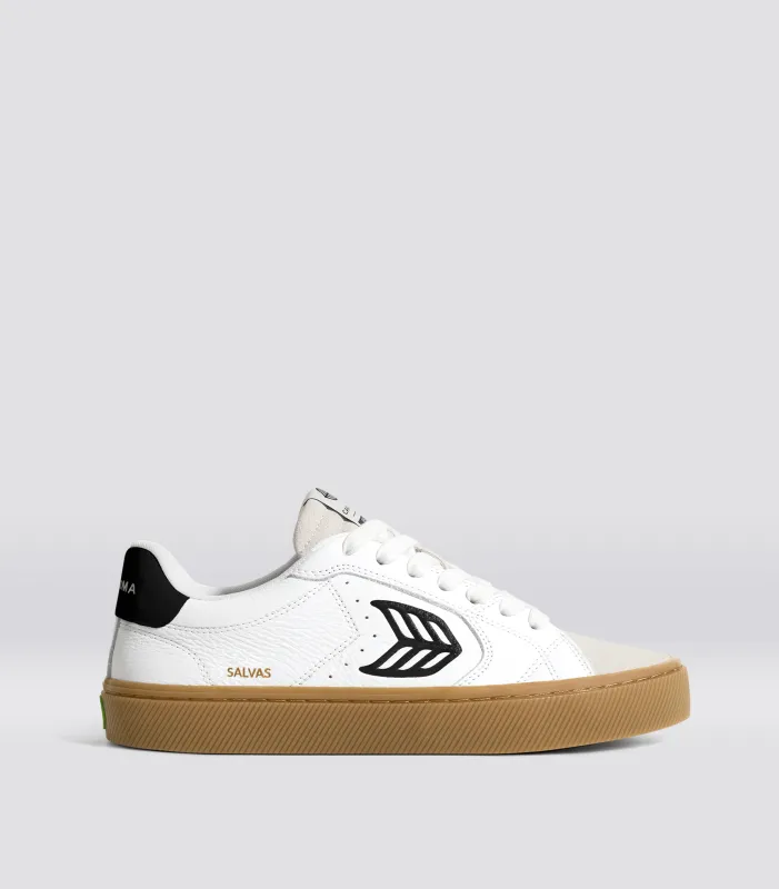 SALVAS Pebbled Leather Gum White Suede Vintage White Black Logo sold by Cariuma