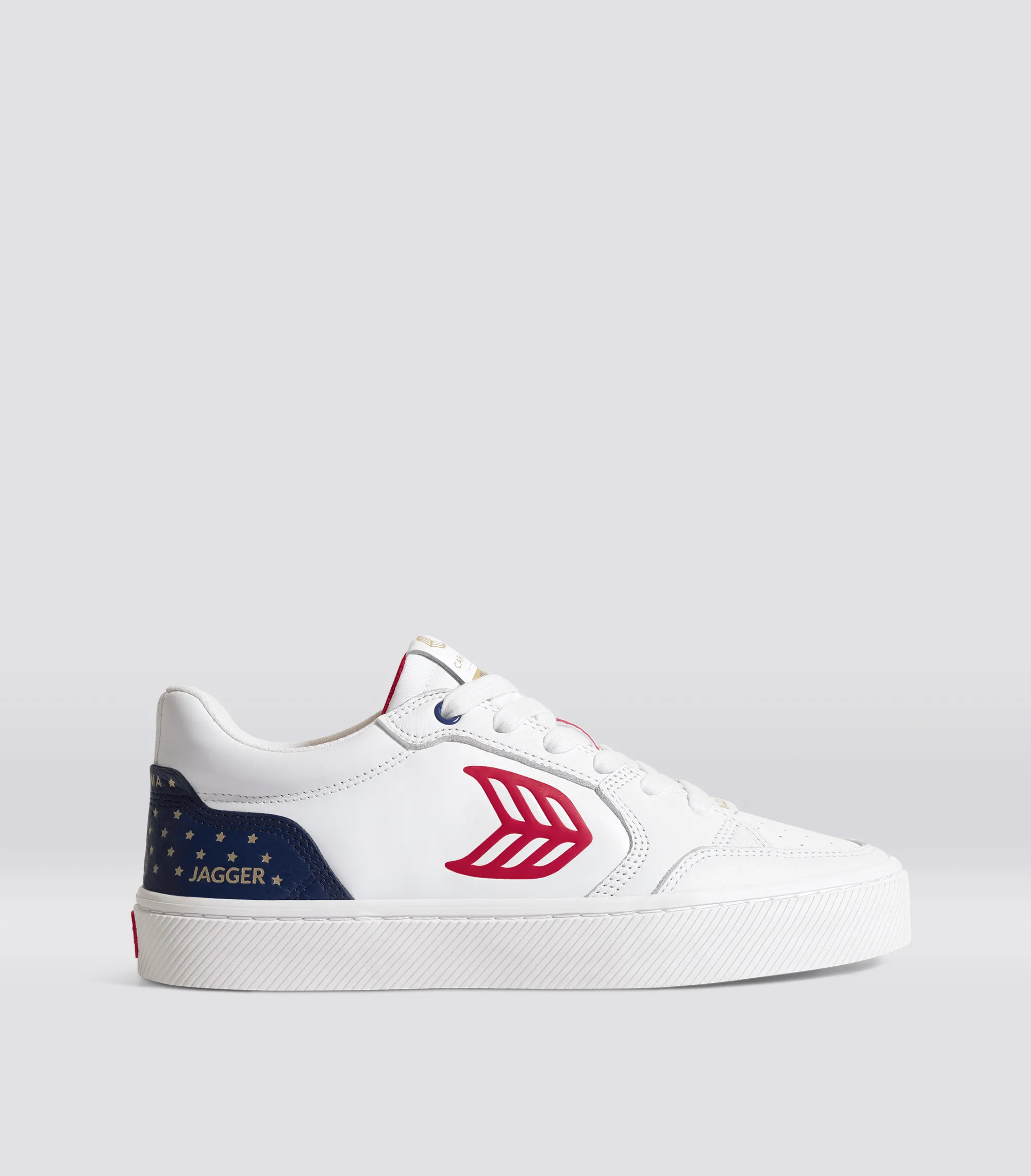 VALLELY PRO Jagger 2024 White Leather Blue Accents Red Logo Sneaker Men sold by Cariuma