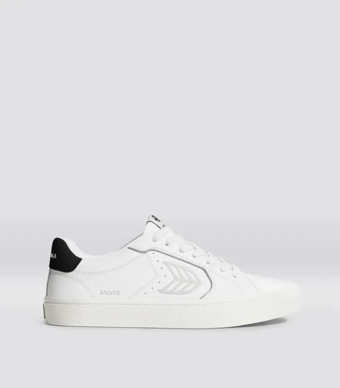 SALVAS Pebbled Leather White Ice Logo Black sold by Cariuma