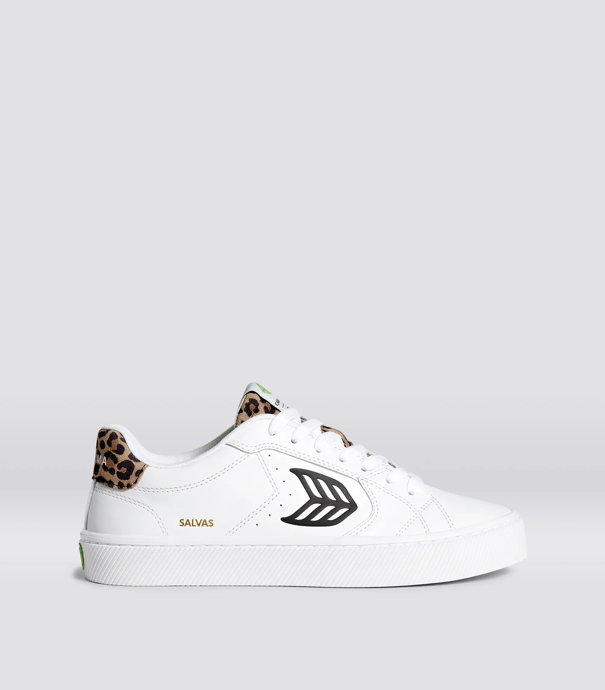 SALVAS White Leather Black Logo Leopard Print Sneaker Women sold by Cariuma