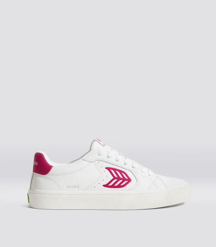 SALVAS White Premium Leather Jazzy Pink Logo Sneaker Men sold by Cariuma