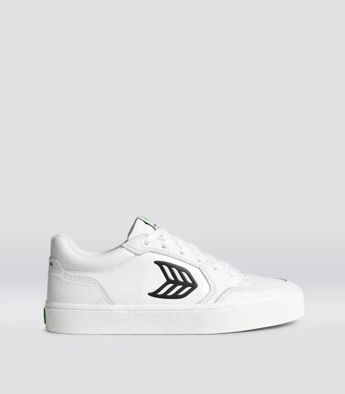 VALLELY White Leather Black Logo Sneaker Women sold by Cariuma