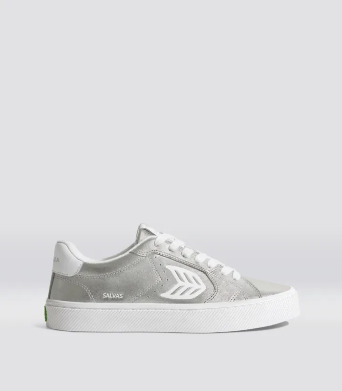 SALVAS Metallic Silver Leather White Logo Sneaker Men sold by Cariuma