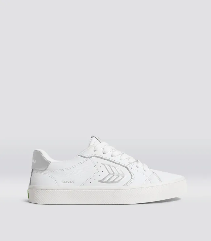 SALVAS White Premium Leather Silver Logo Sneaker Women sold by Cariuma