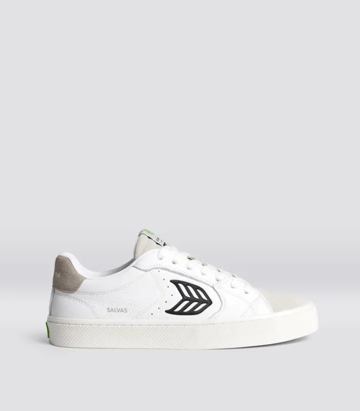 SALVAS White Premium Leather Vintage White Suede Black Logo Sneaker Women sold by Cariuma