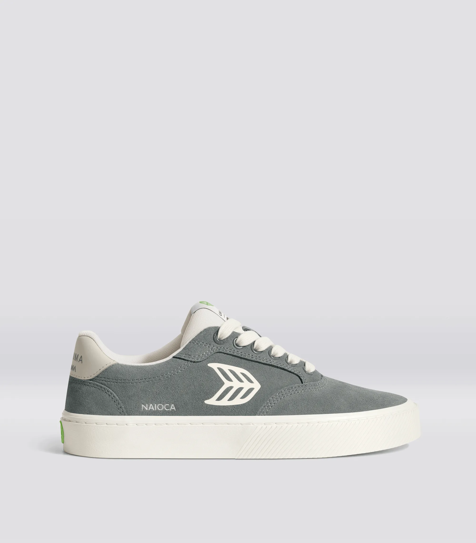 NAIOCA Charcoal Grey Suede Ivory Logo Sneaker Women sold by Cariuma