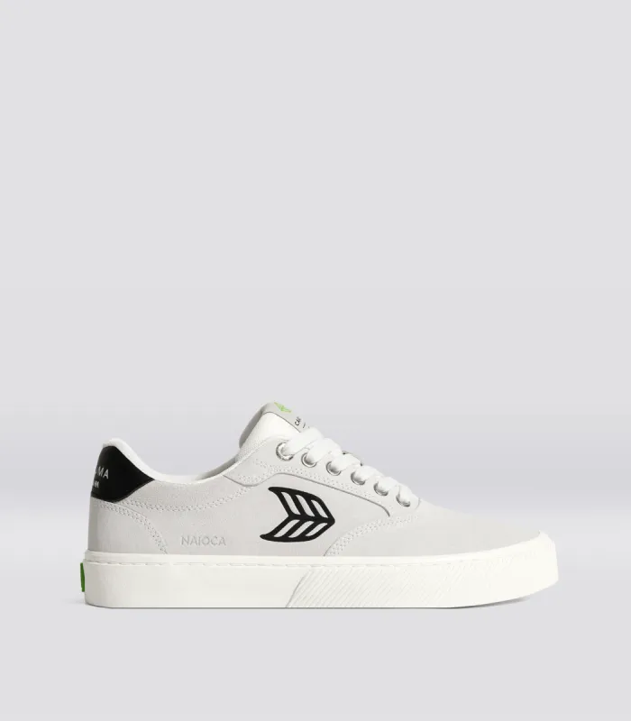 NAIOCA Smoke White Suede Black Logo Sneaker Women sold by Cariuma