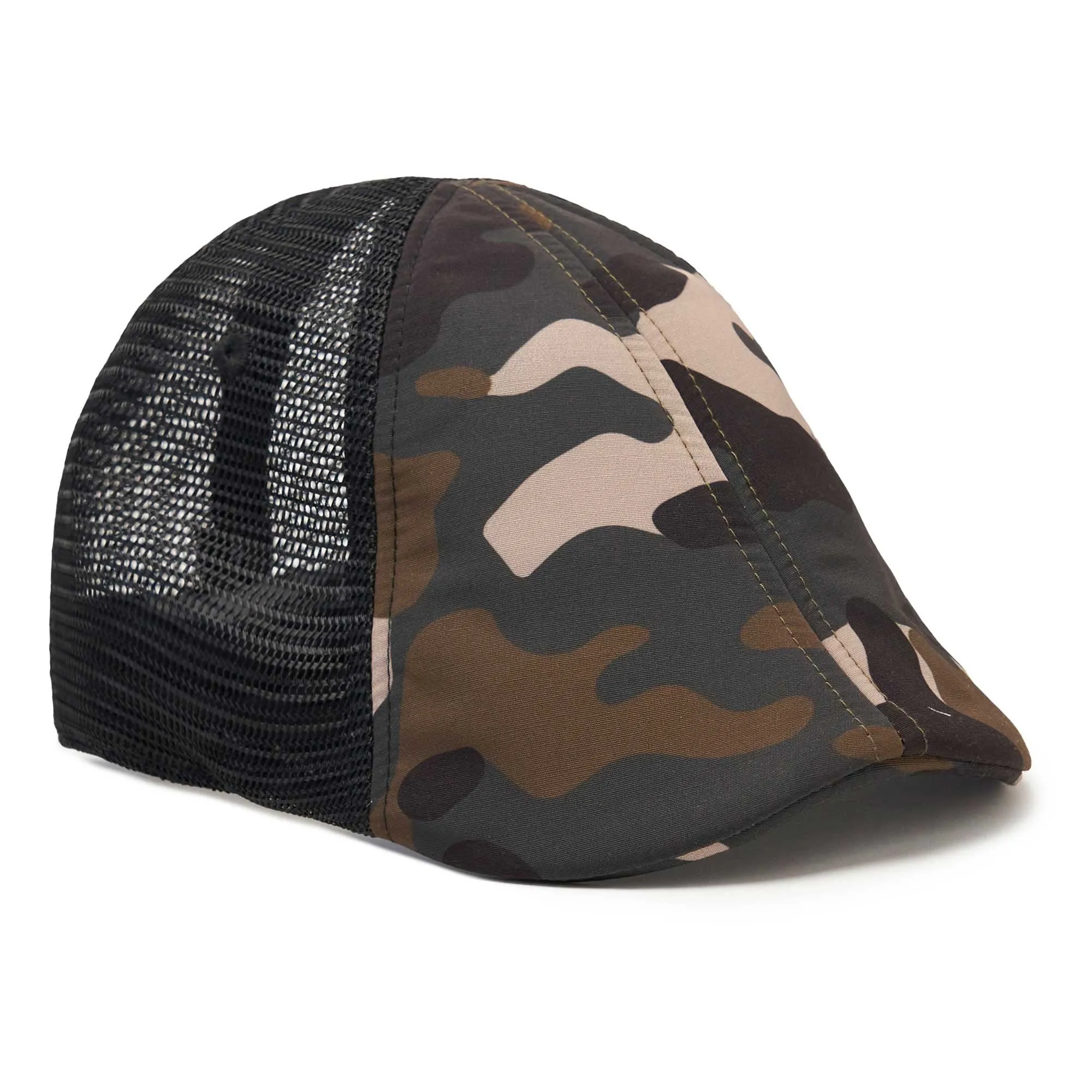The Mesh Trucker Boston Scally Cap - Camo with Black sold by Boston Scally