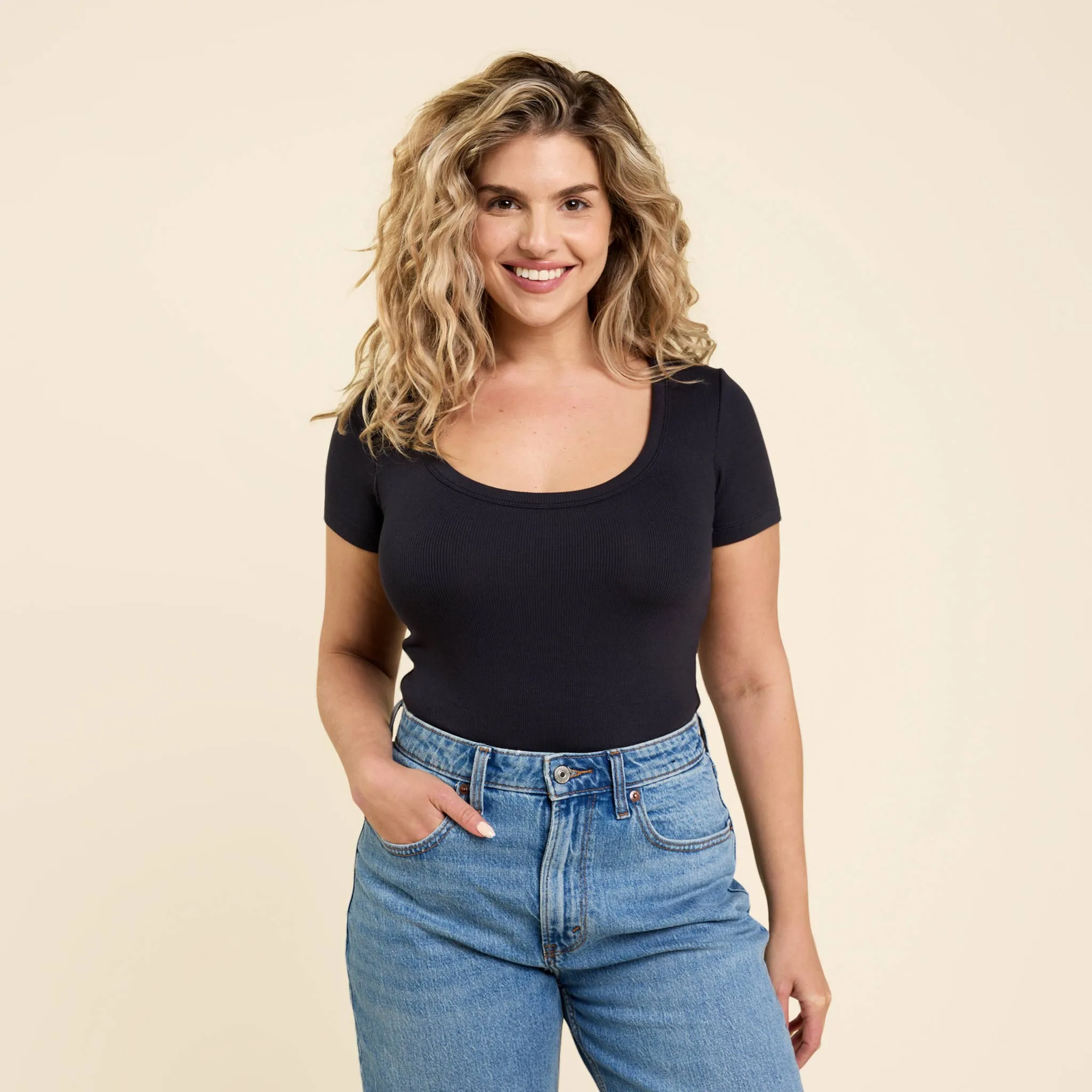 Slinky Rib Short Sleeve Bodysuit | Black sold by nuuds