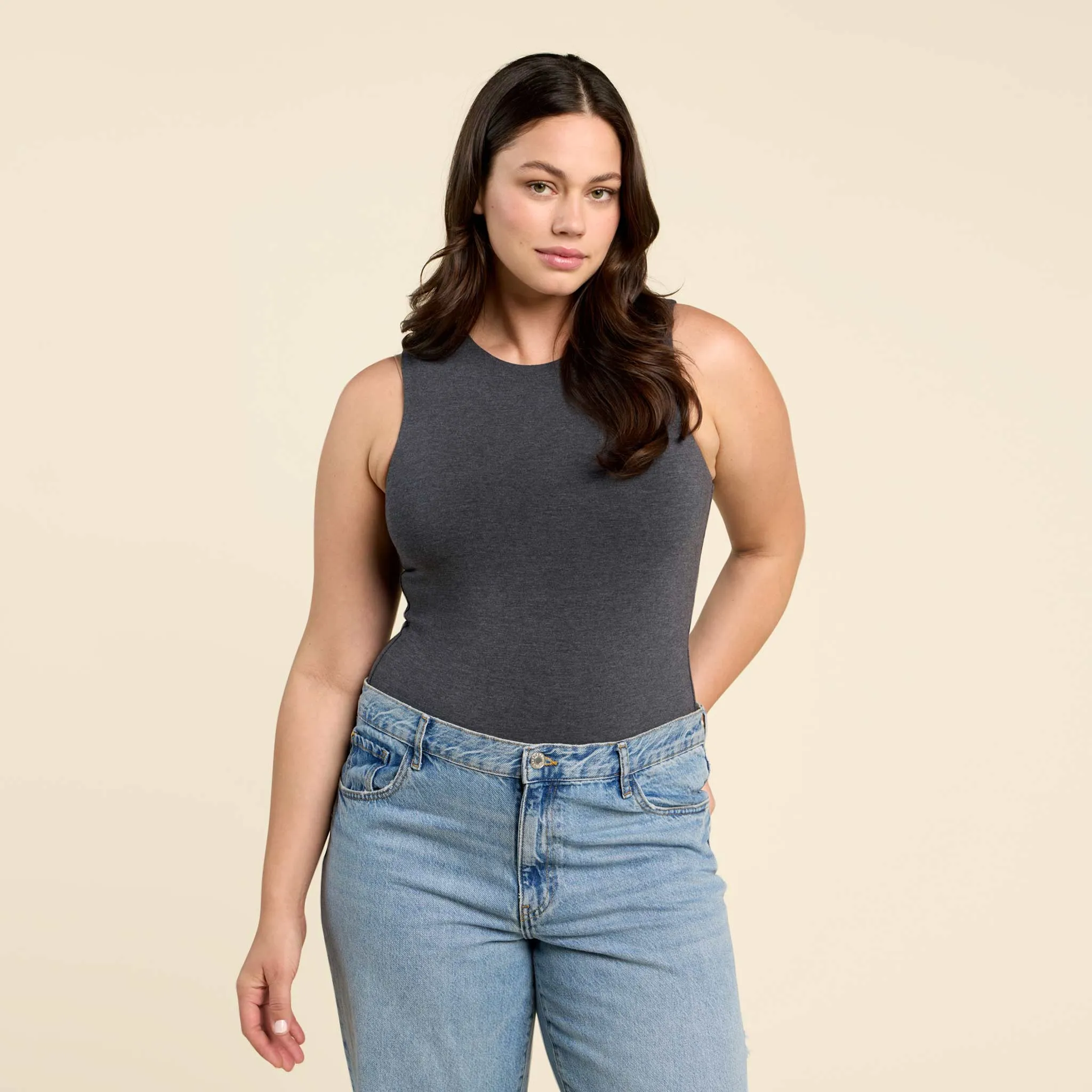 Cotton Stretch Classic Crewneck Tank Bodysuit | Heather Charcoal sold by nuuds