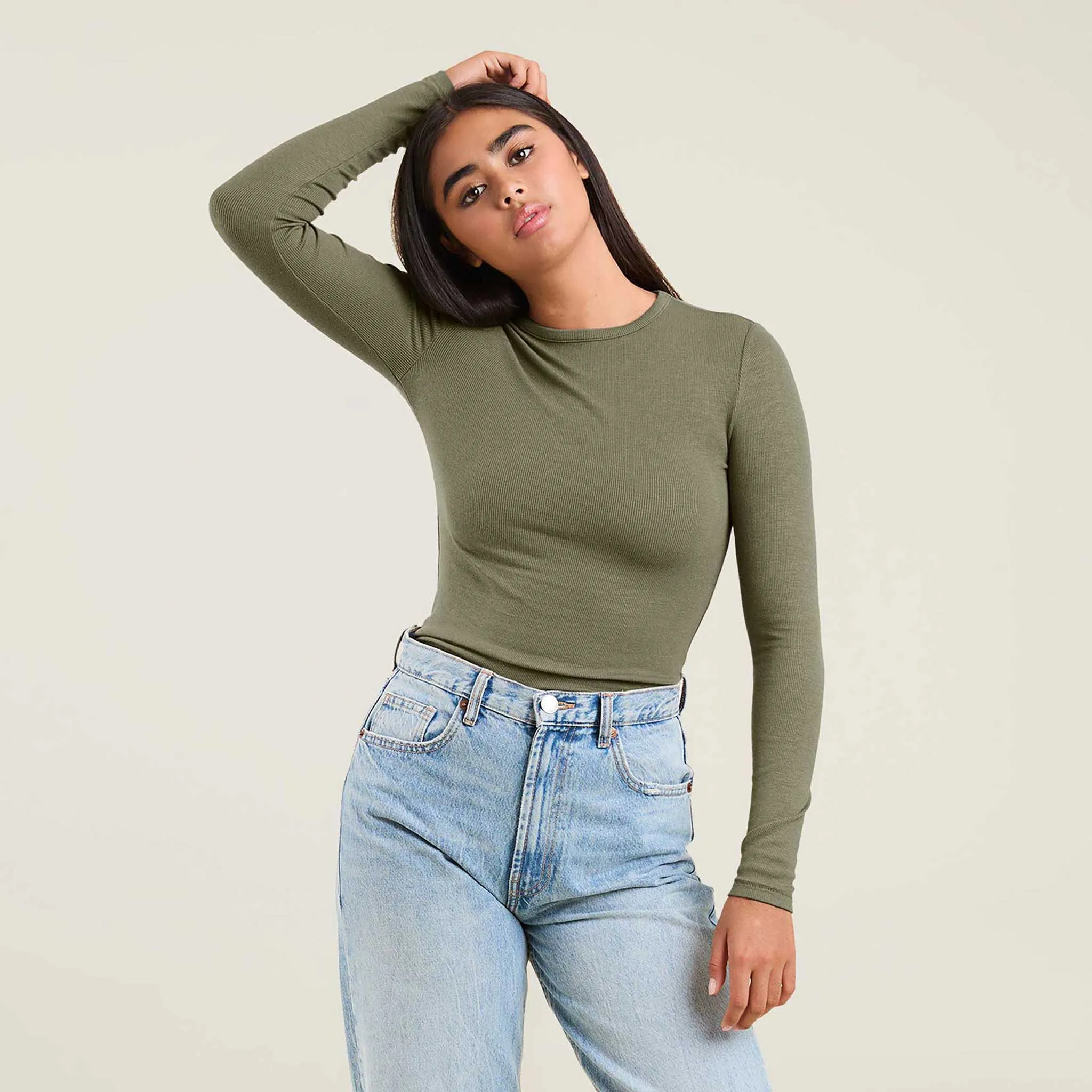 Slinky Rib Long Sleeve Shirt | Olive sold by nuuds