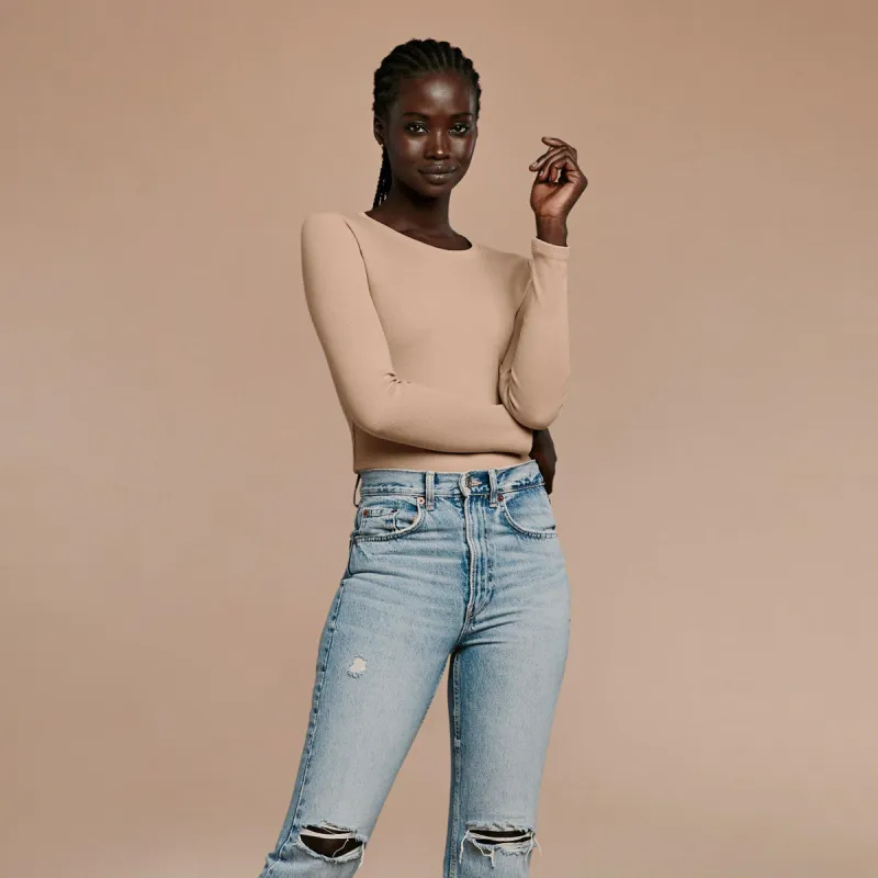 Long Sleeve Ribbed Crewneck Bodysuit | Sand sold by nuuds