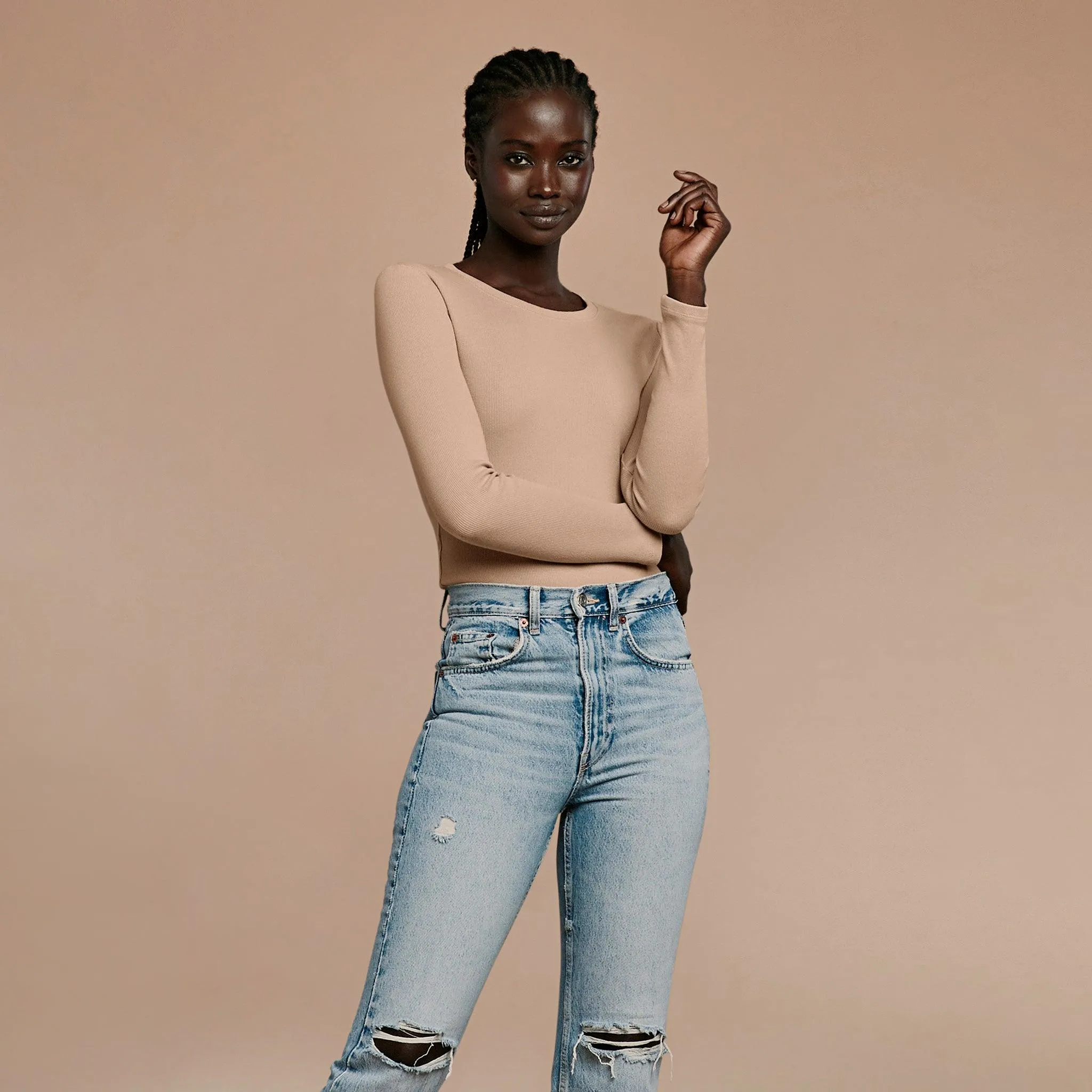 Long Sleeve Ribbed Crewneck Bodysuit | Sand sold by nuuds