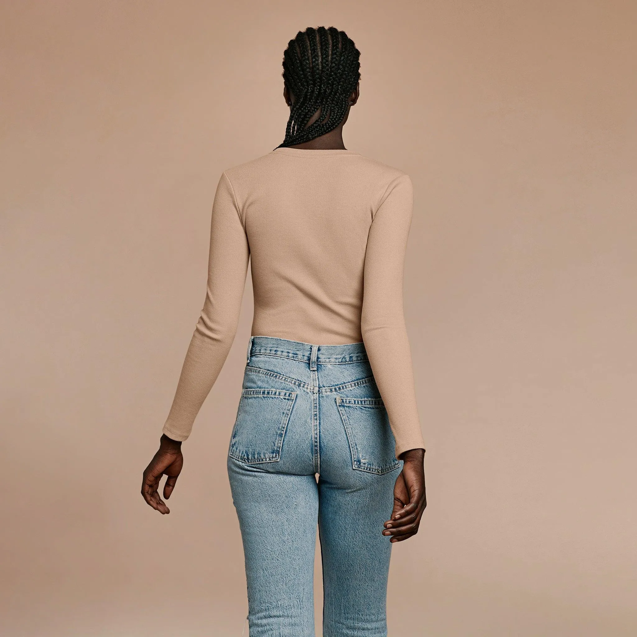Long Sleeve Ribbed Crewneck Bodysuit | Sand sold by nuuds product image thumbnail 3
