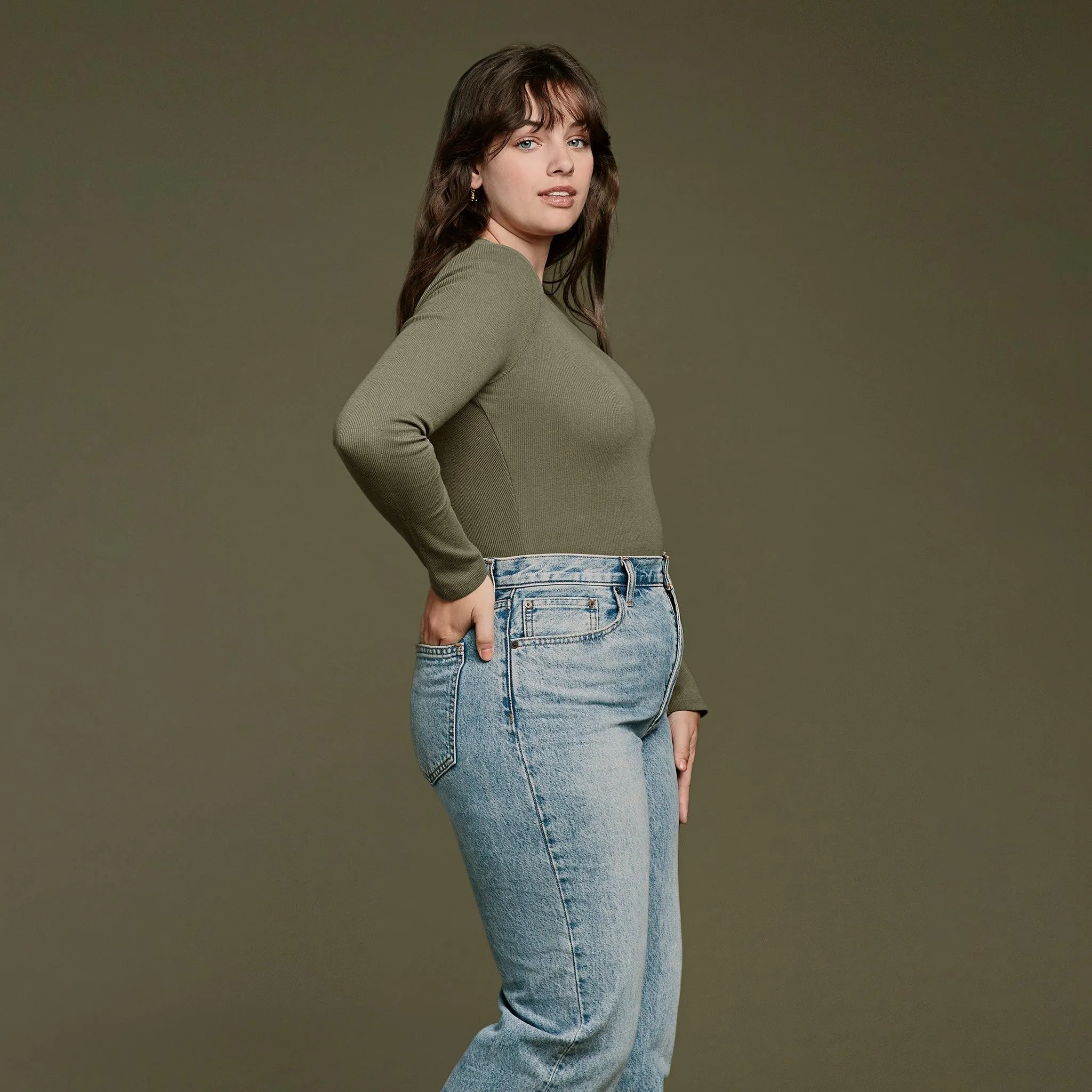 Long Sleeve Ribbed Crewneck Bodysuit | Olive sold by nuuds product image thumbnail 3