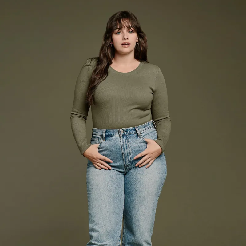 Long Sleeve Ribbed Crewneck Bodysuit | Olive sold by nuuds