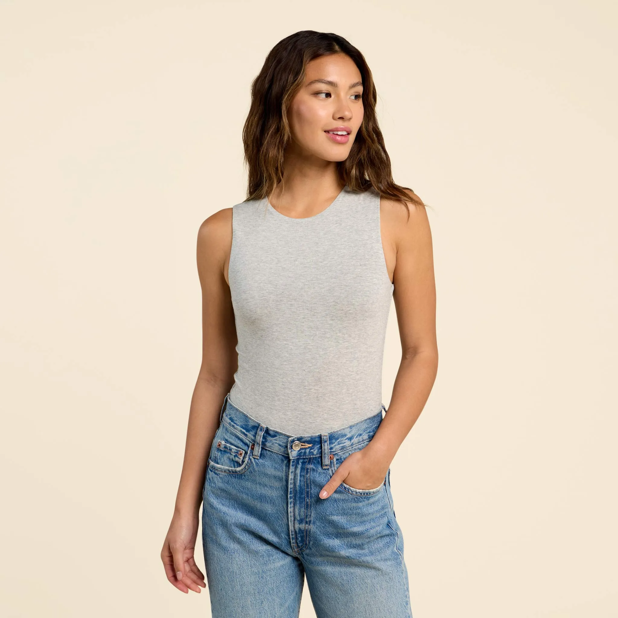 Cotton Stretch Classic Crewneck Tank Bodysuit | Heather Grey sold by nuuds