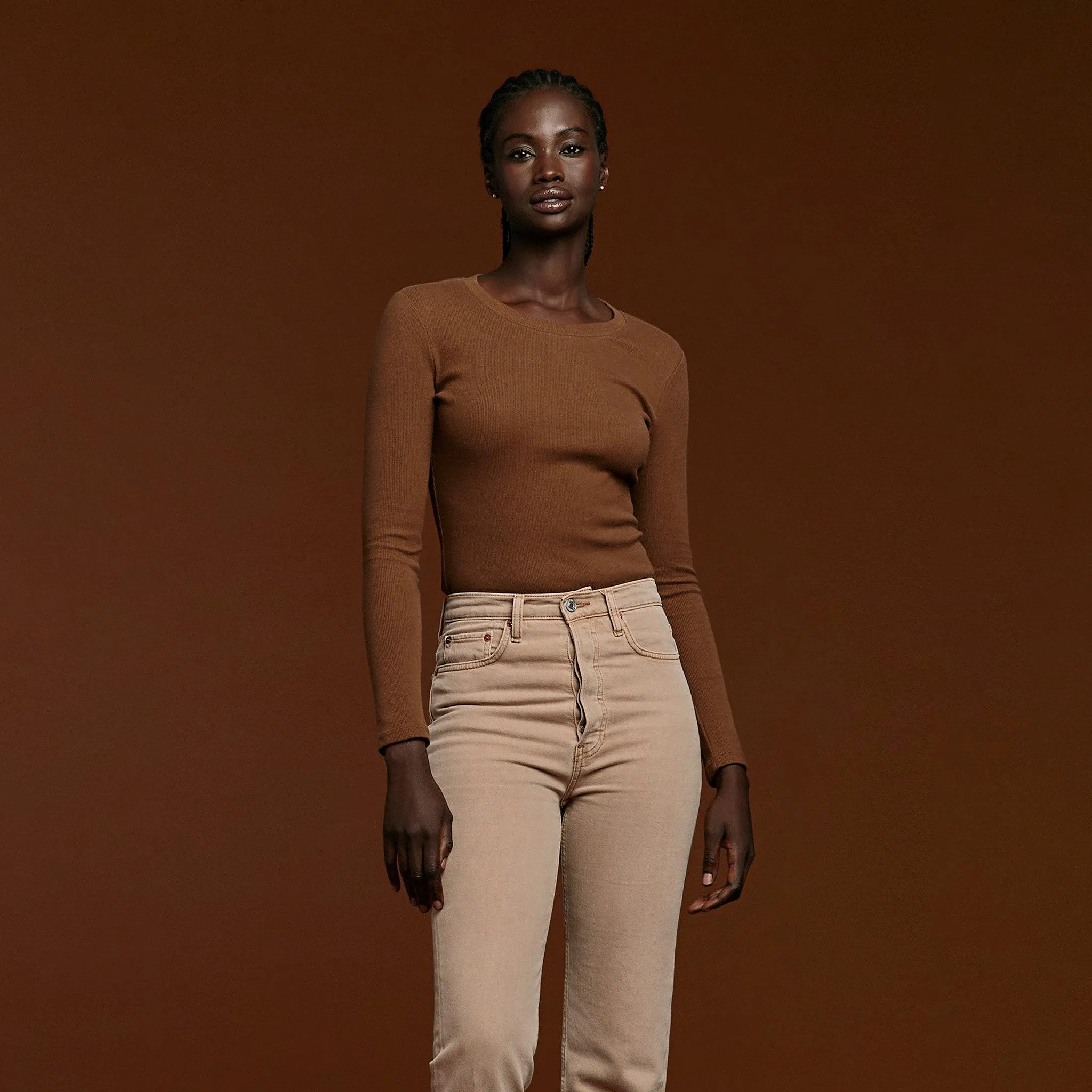 Long Sleeve Ribbed Crewneck Bodysuit | Chocolate sold by nuuds