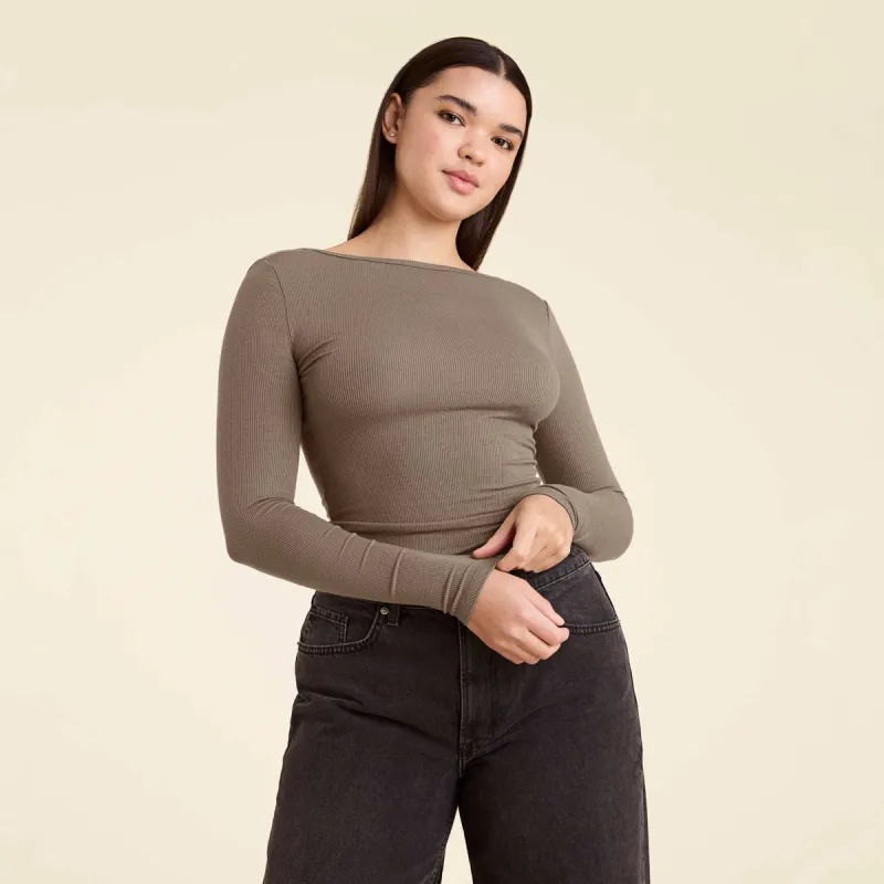 Slinky Rib Long Sleeve Open Back Shirt | Mocha sold by nuuds