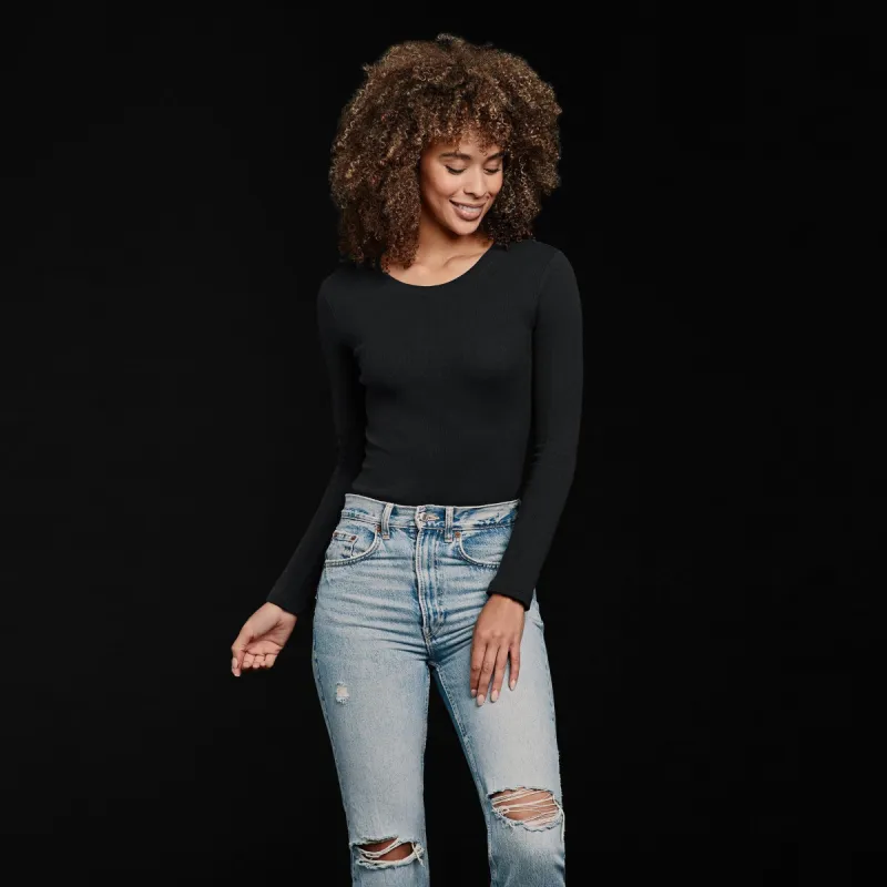Long Sleeve Ribbed Crewneck Bodysuit | Black sold by nuuds