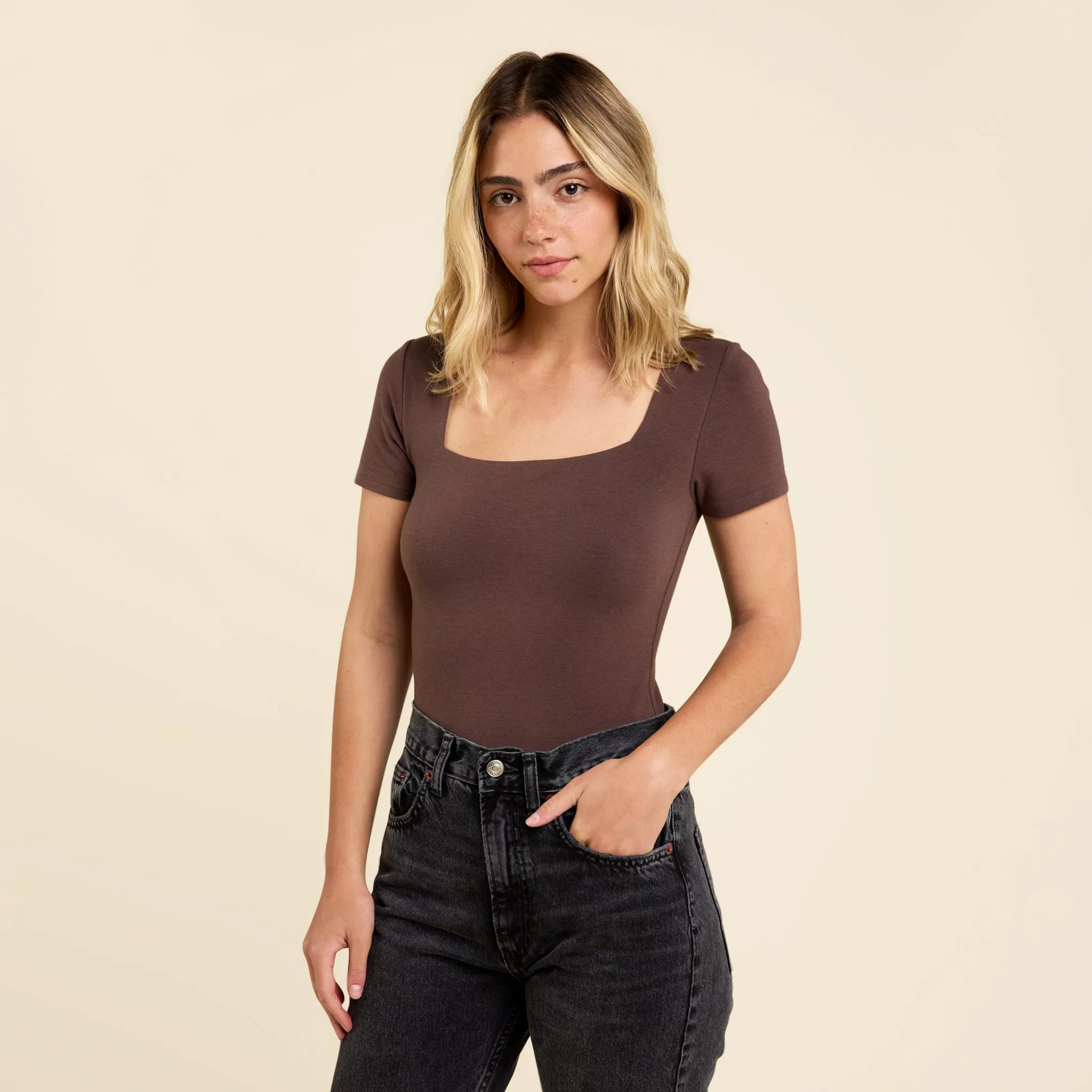 Cotton Stretch Short Sleeve Square Neck Bodysuit | Coffee sold by nuuds