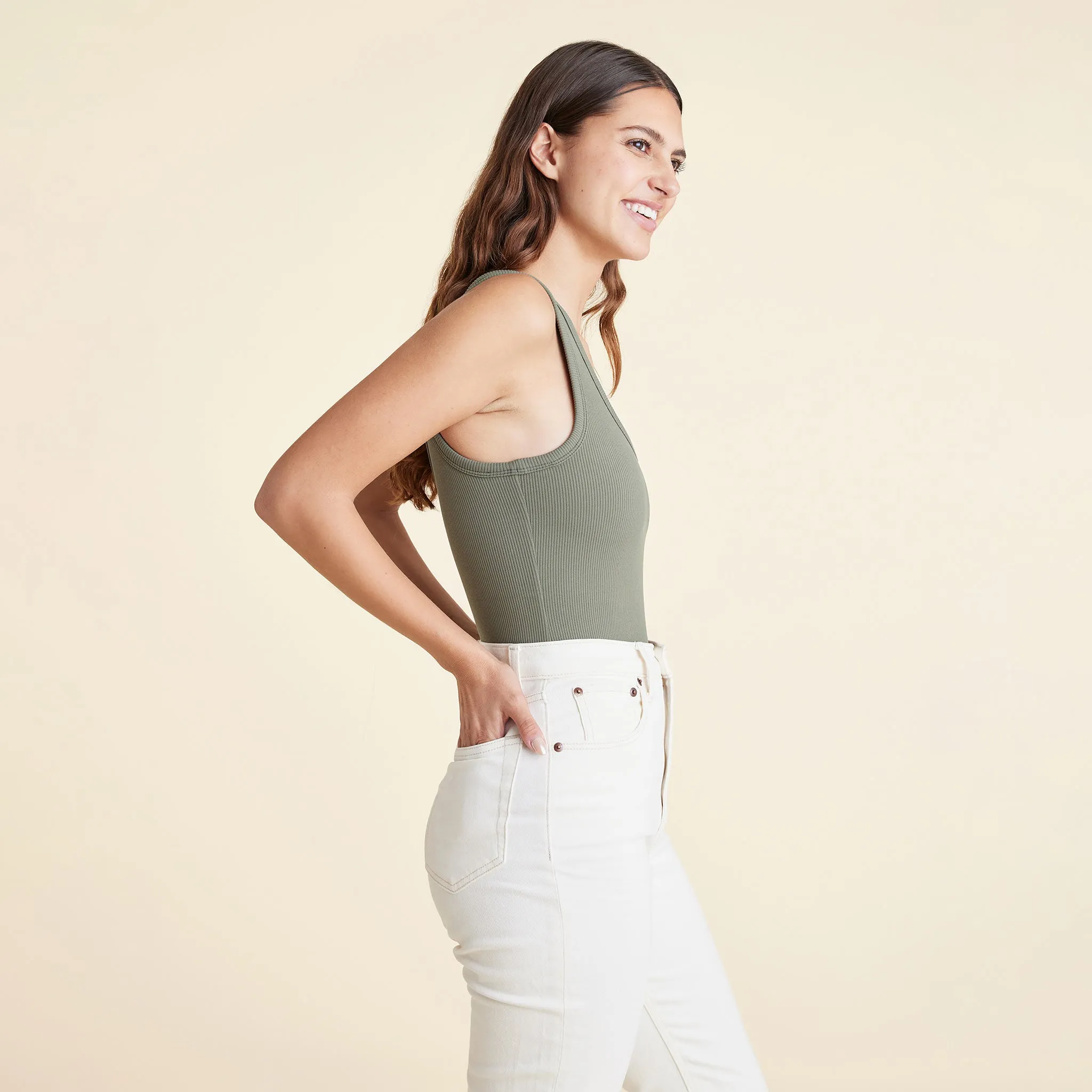 Ribbed Scoop Tank Bodysuit | Olive sold by nuuds product image thumbnail 3