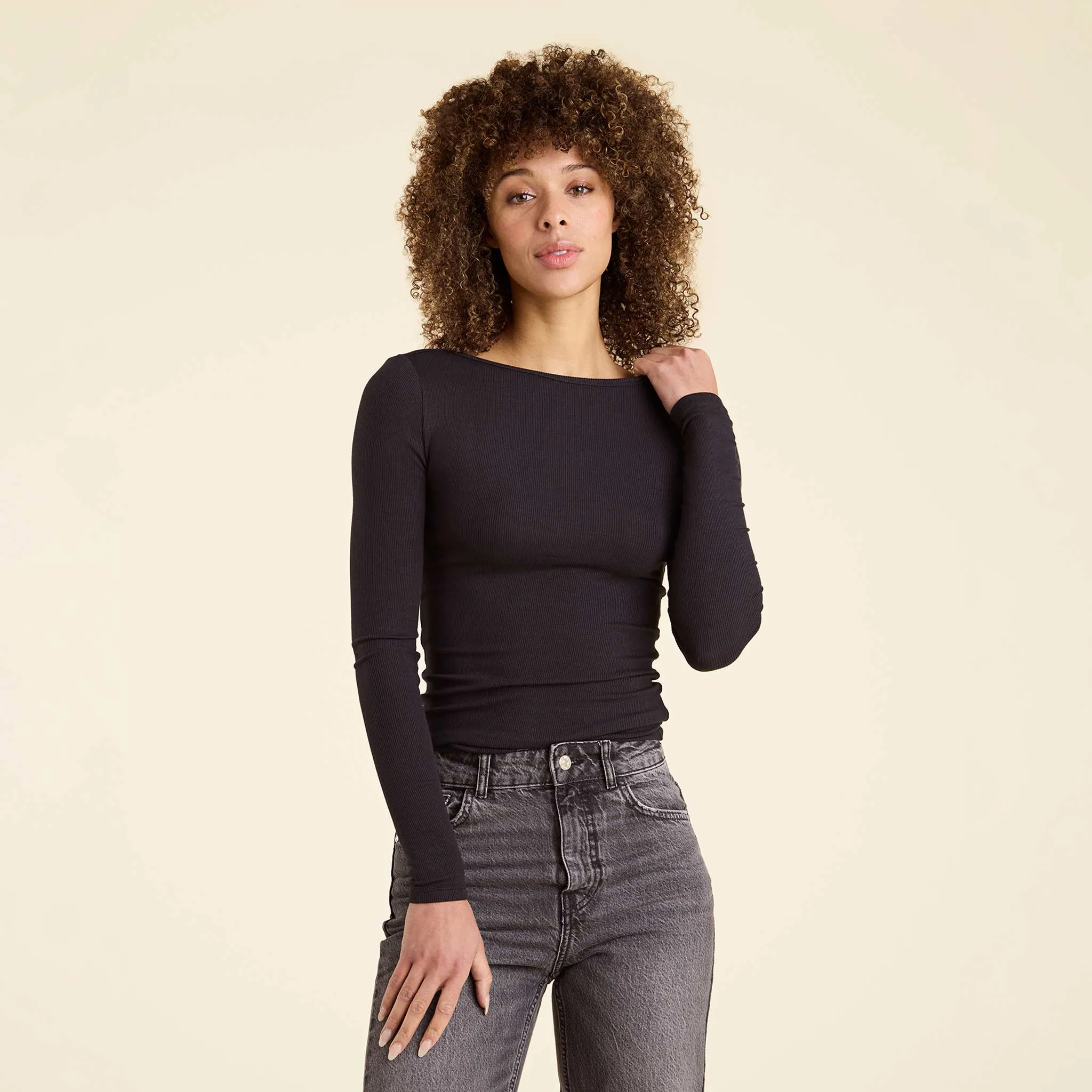 Slinky Rib Long Sleeve Open Back Shirt | Black sold by nuuds