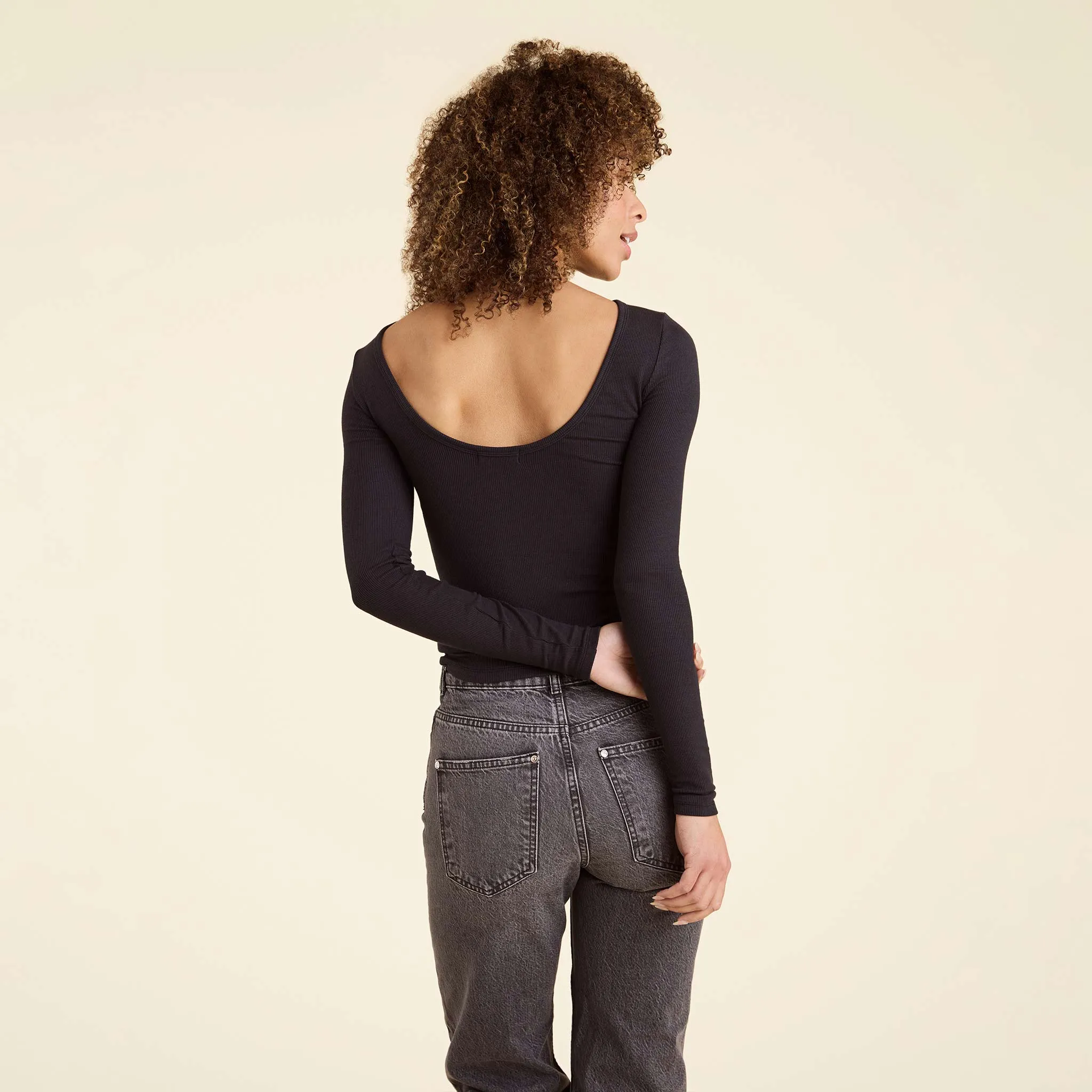 Slinky Rib Long Sleeve Open Back Shirt | Black sold by nuuds product image thumbnail 4