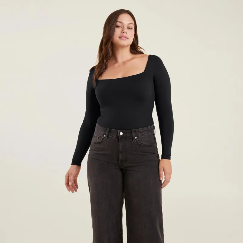 Long Sleeve Wide Square Neck Bodysuit | Black sold by nuuds