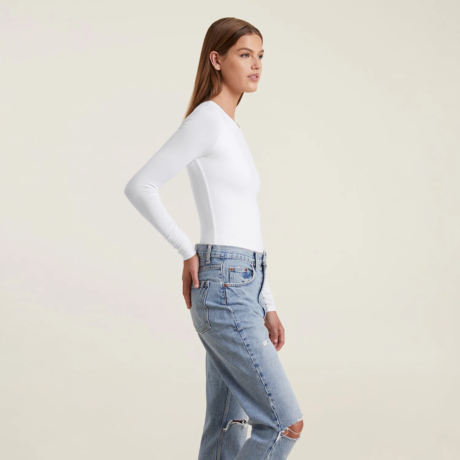 Cotton Stretch Long Sleeve Crewneck Bodysuit | White sold by nuuds product image thumbnail 3