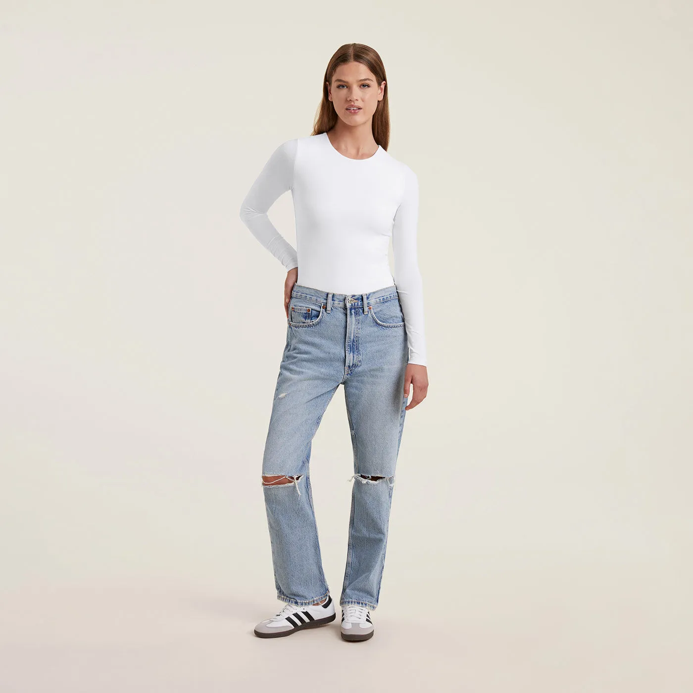 Cotton Stretch Long Sleeve Crewneck Bodysuit | White sold by nuuds product image thumbnail 2