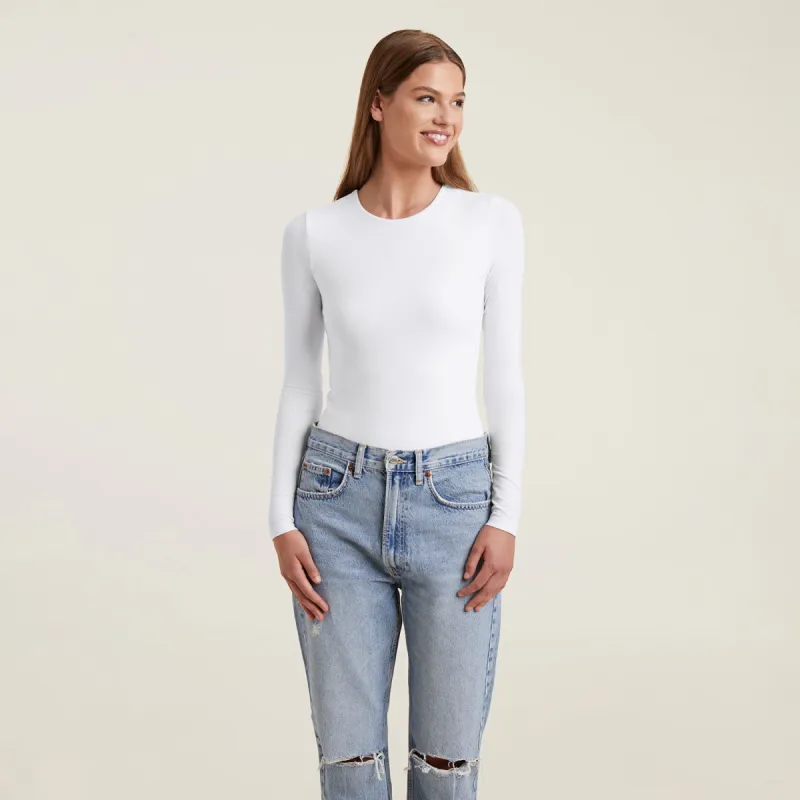 Cotton Stretch Long Sleeve Crewneck Bodysuit | White sold by nuuds