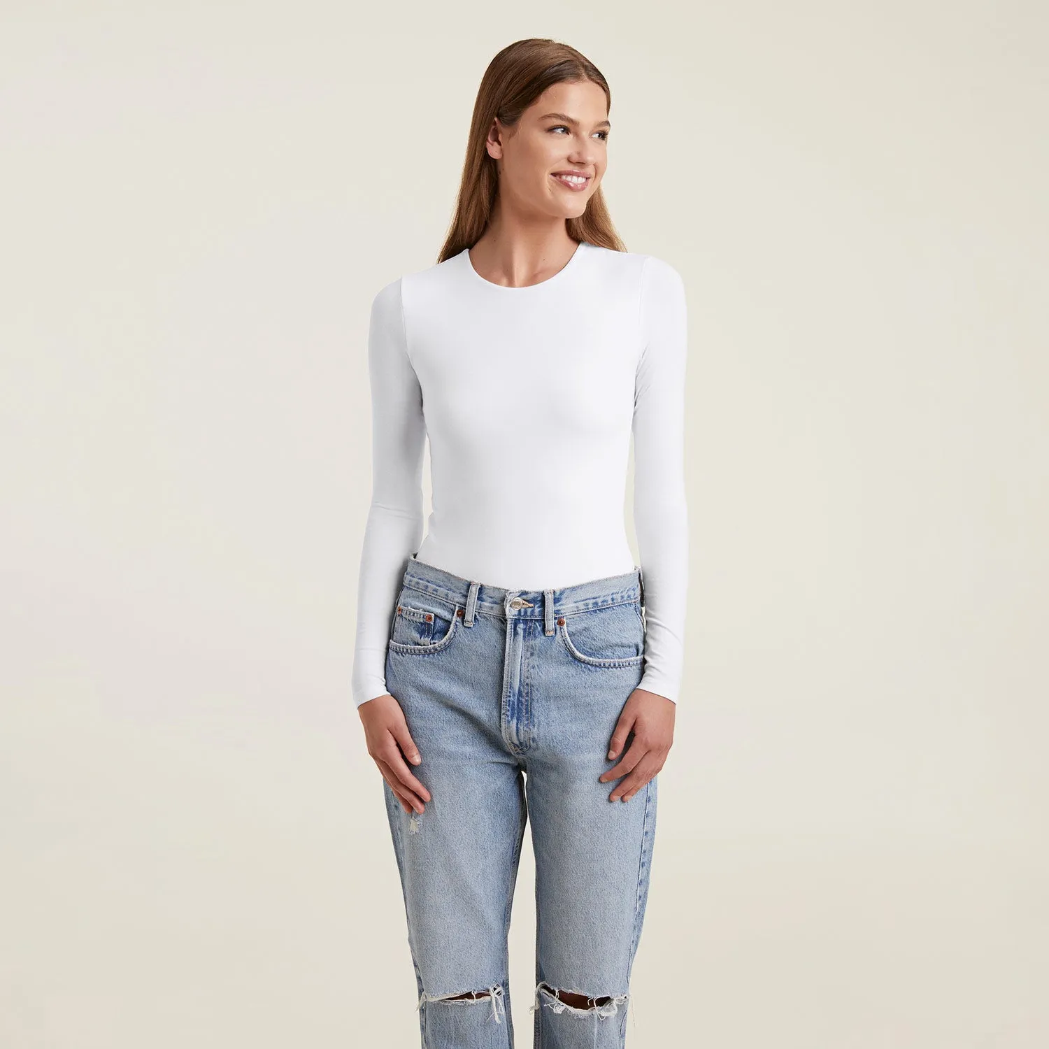 Cotton Stretch Long Sleeve Crewneck Bodysuit | White sold by nuuds