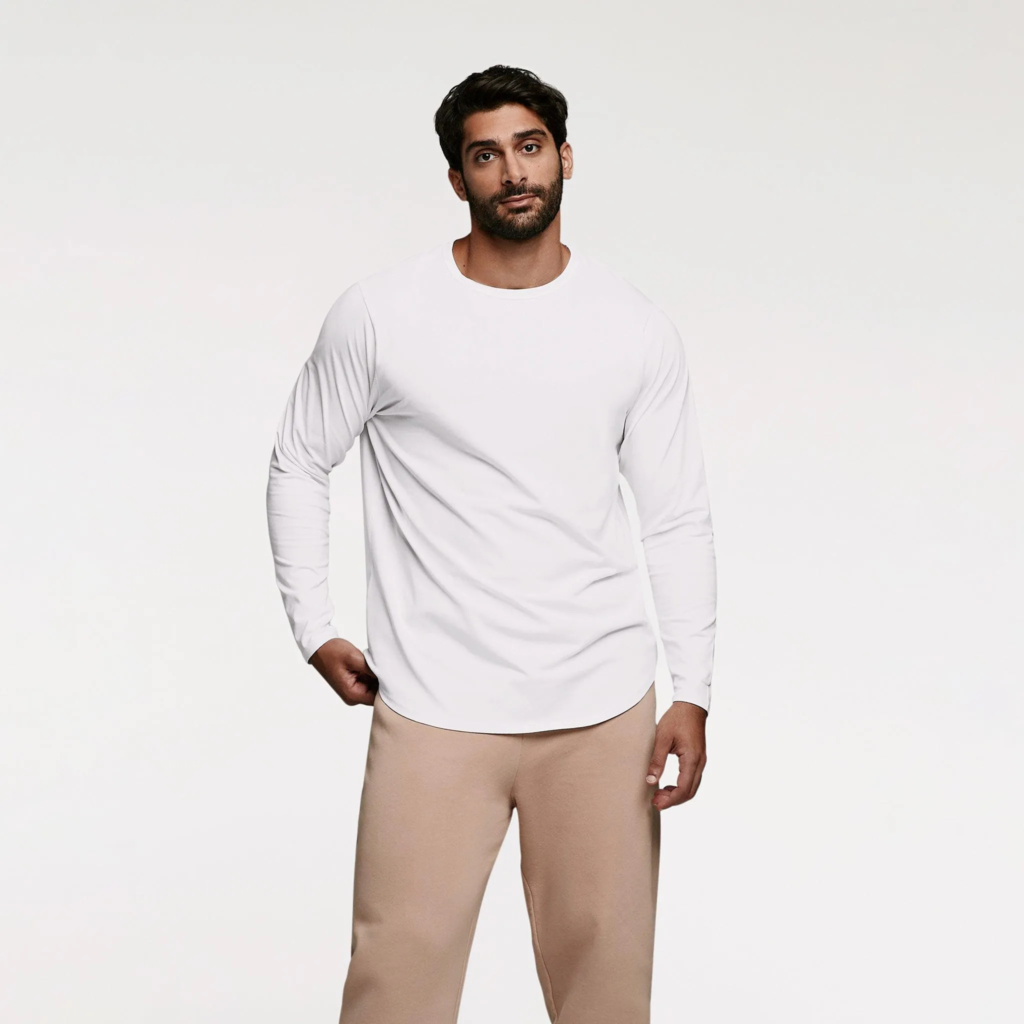 Long Sleeve Curved Hem T-Shirt | White sold by nuuds