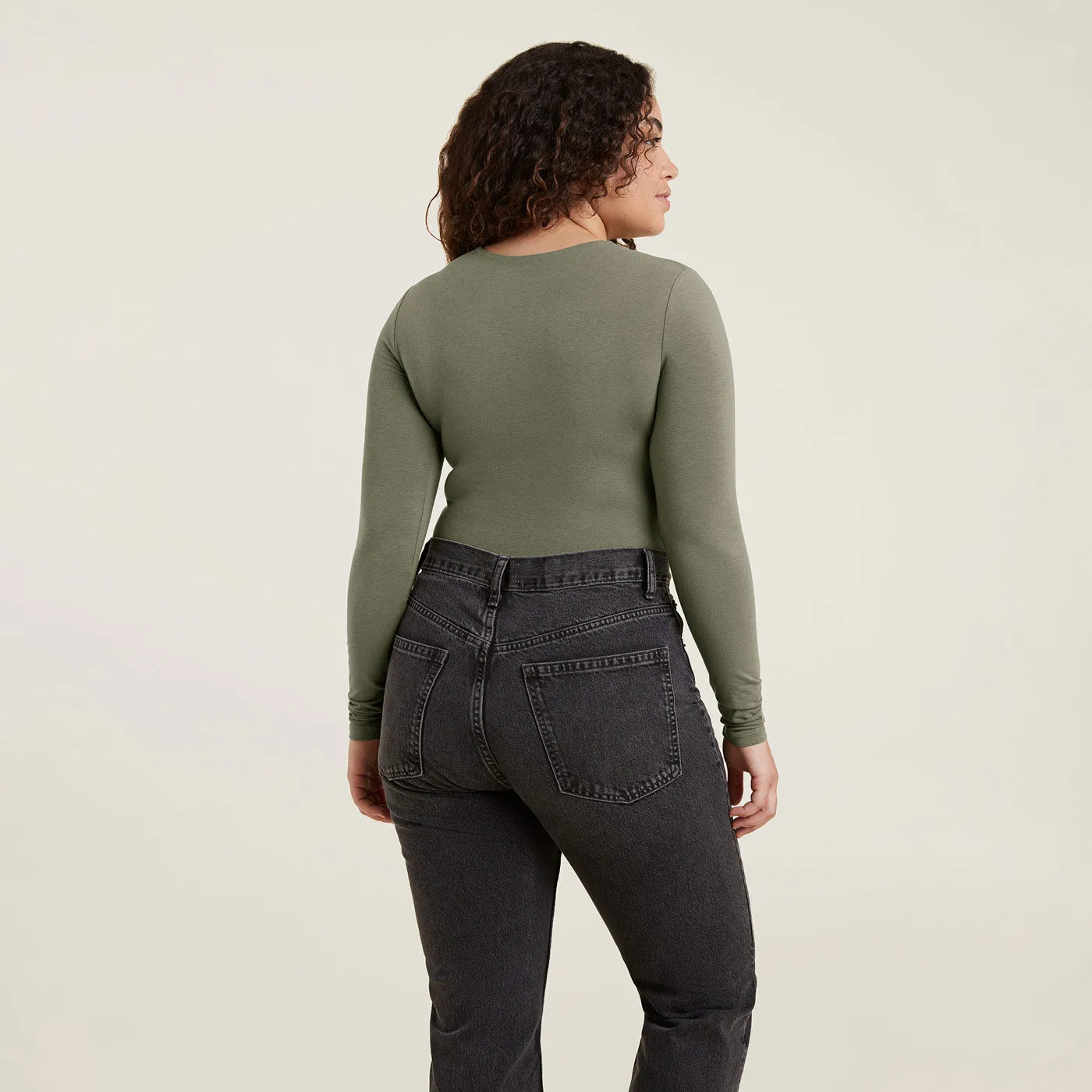 Cotton Stretch Long Sleeve Crewneck Bodysuit | Olive sold by nuuds product image thumbnail 4