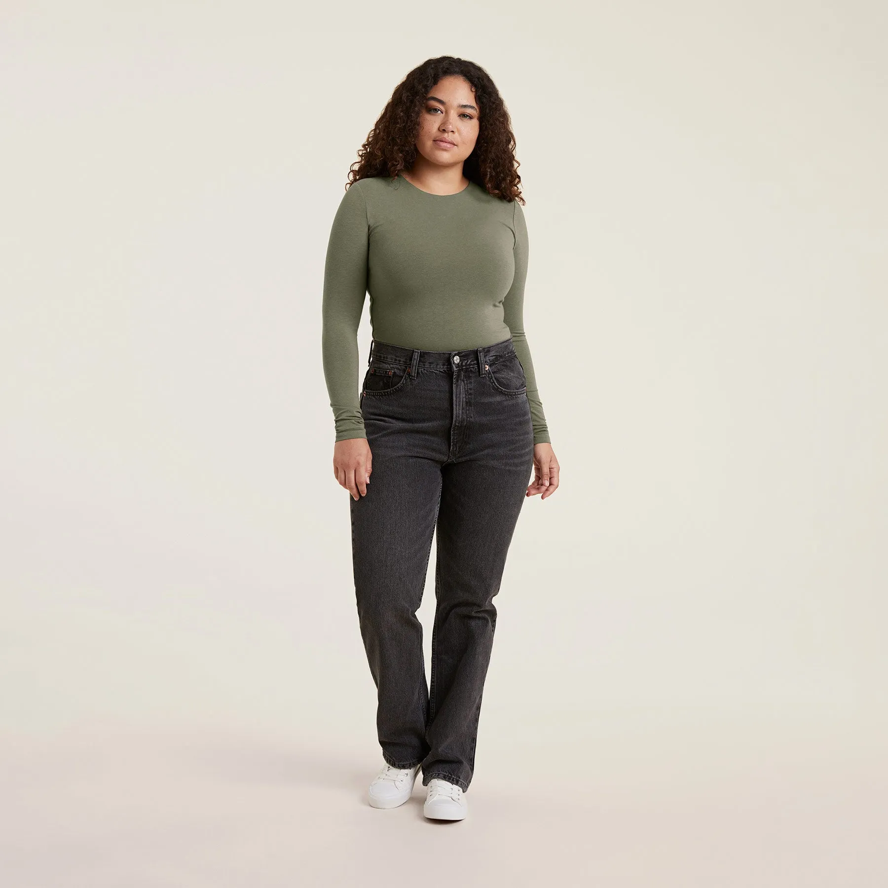 Cotton Stretch Long Sleeve Crewneck Bodysuit | Olive sold by nuuds product image thumbnail 2