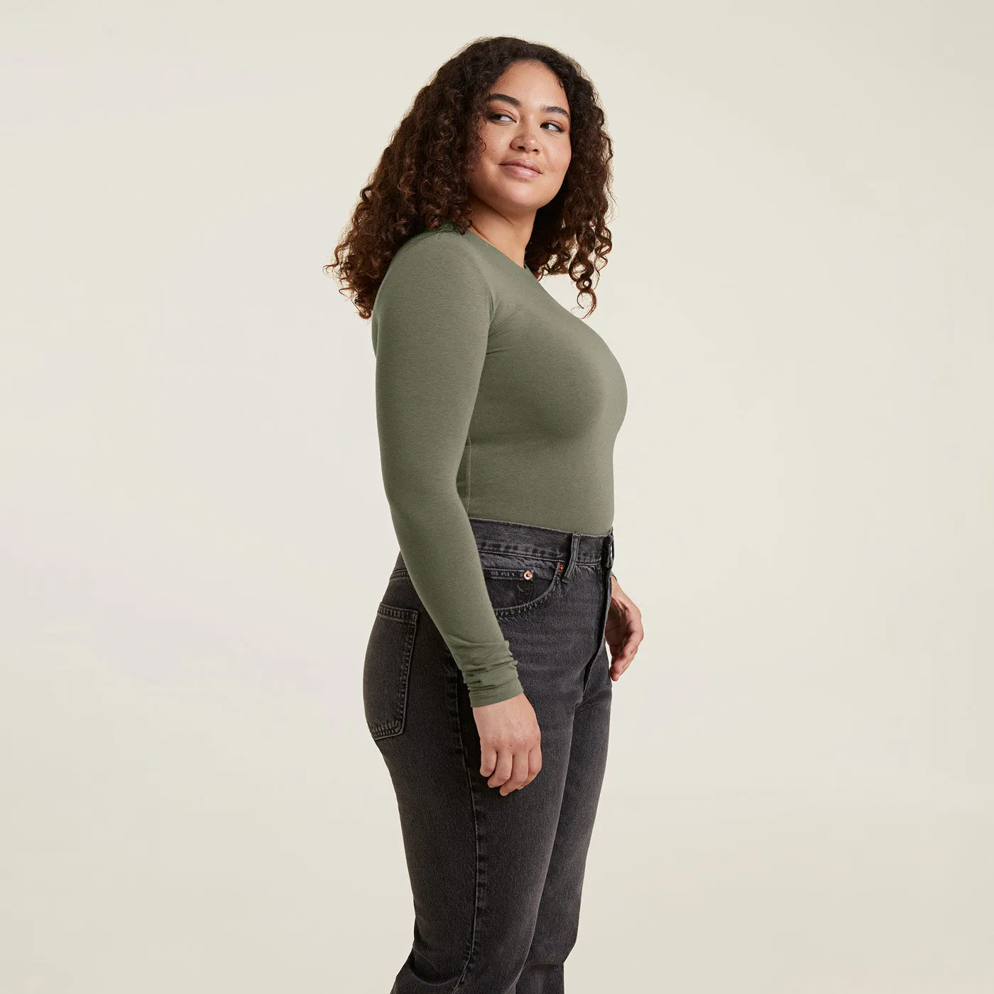 Cotton Stretch Long Sleeve Crewneck Bodysuit | Olive sold by nuuds product image thumbnail 3