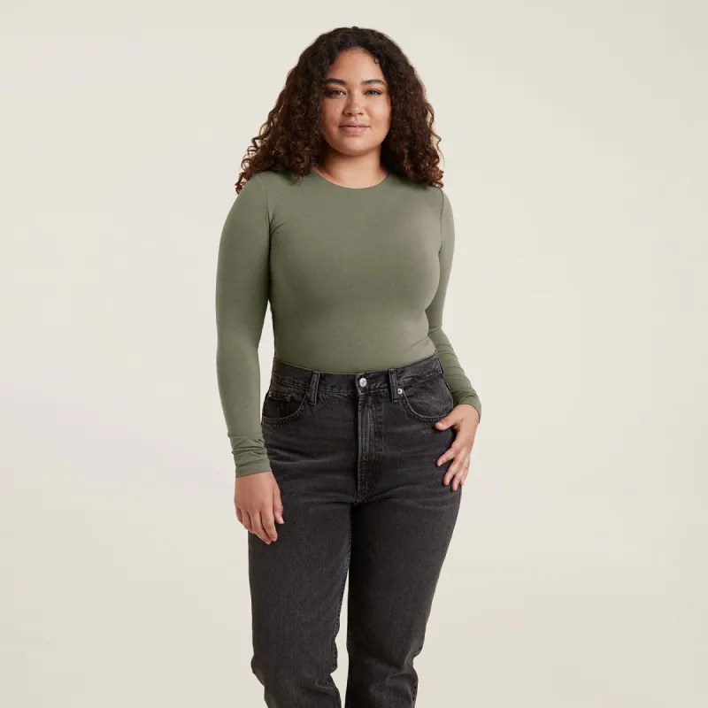 Cotton Stretch Long Sleeve Crewneck Bodysuit | Olive sold by nuuds