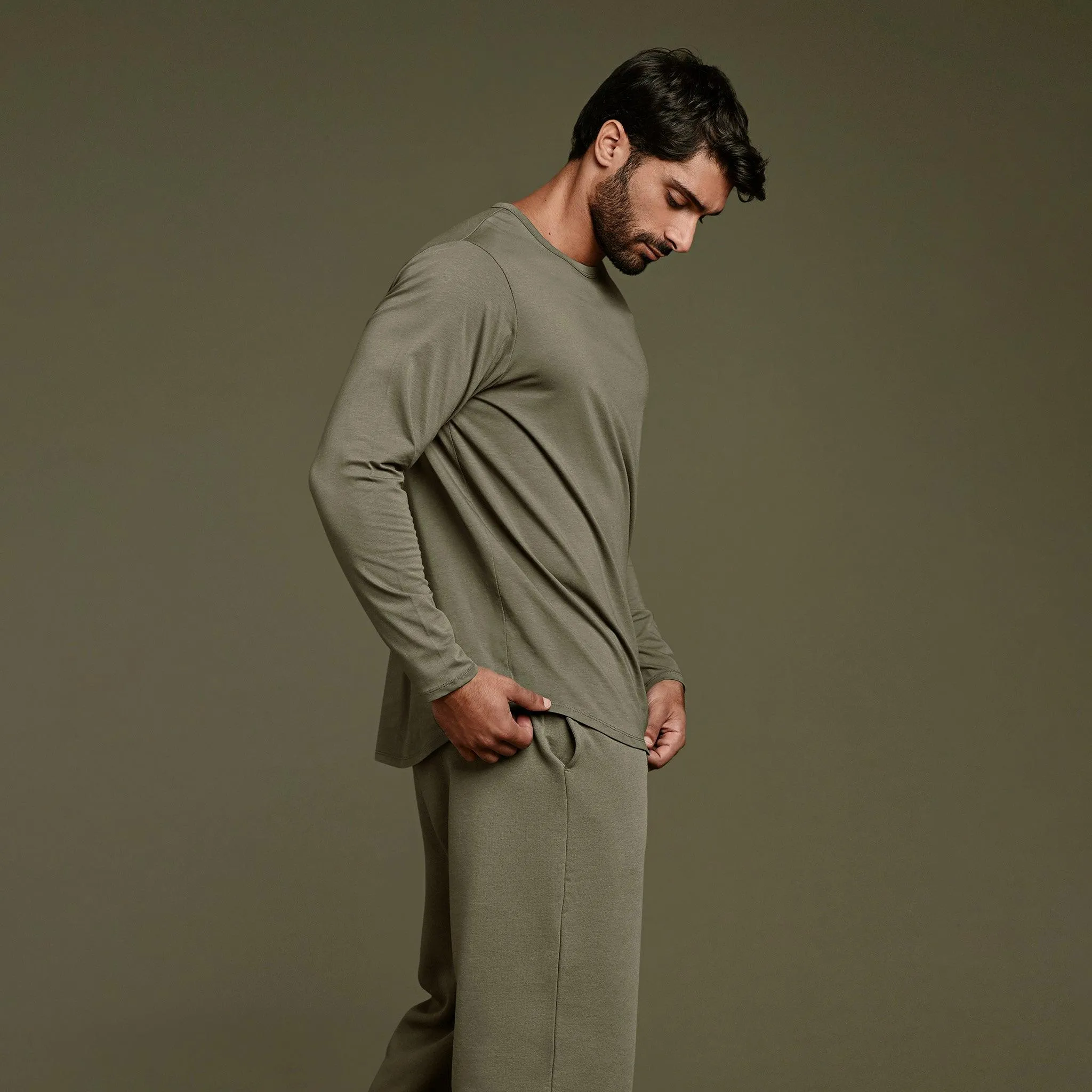 Long Sleeve Curved Hem T-Shirt | Olive sold by nuuds product image thumbnail 5