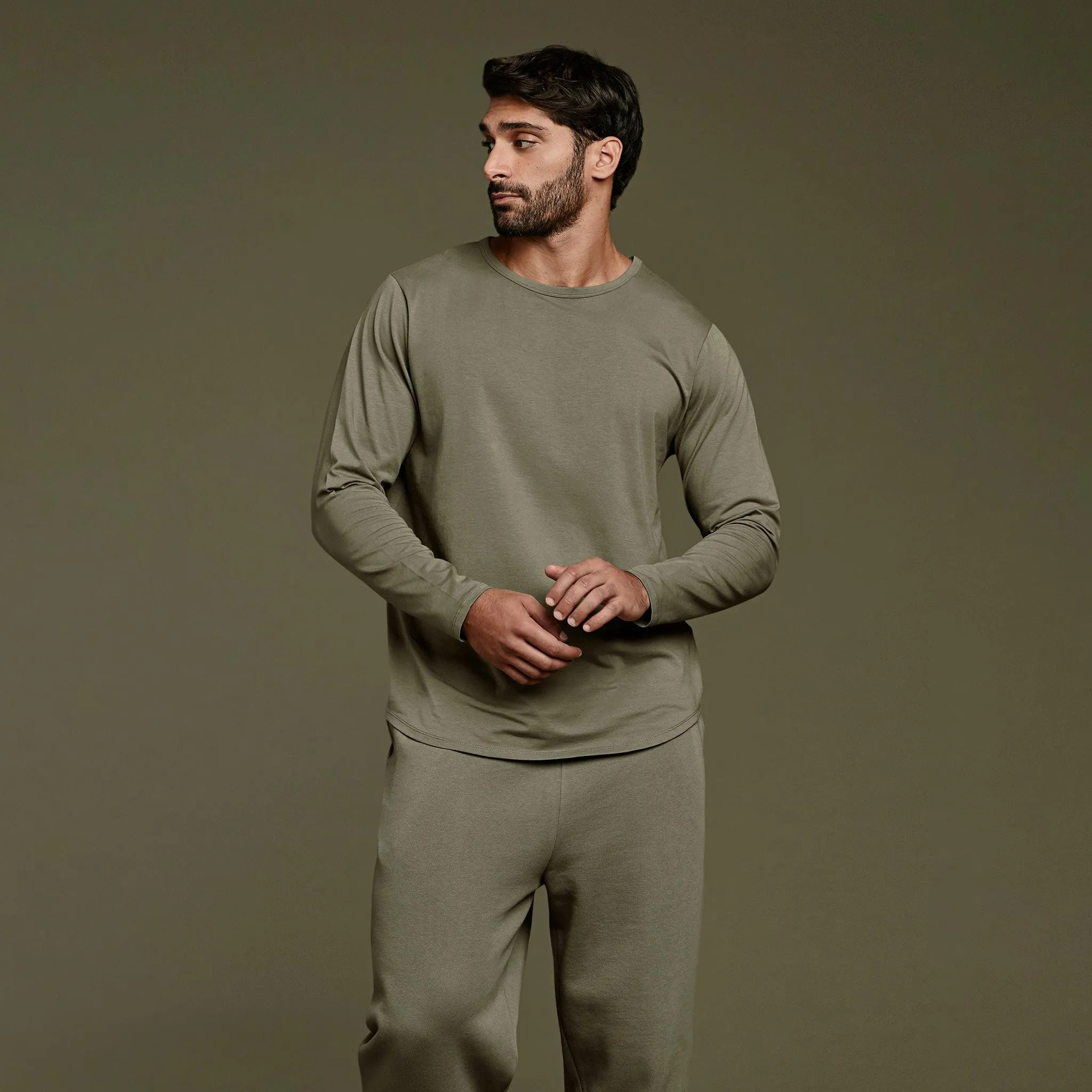 Long Sleeve Curved Hem T-Shirt | Olive sold by nuuds product image thumbnail 3