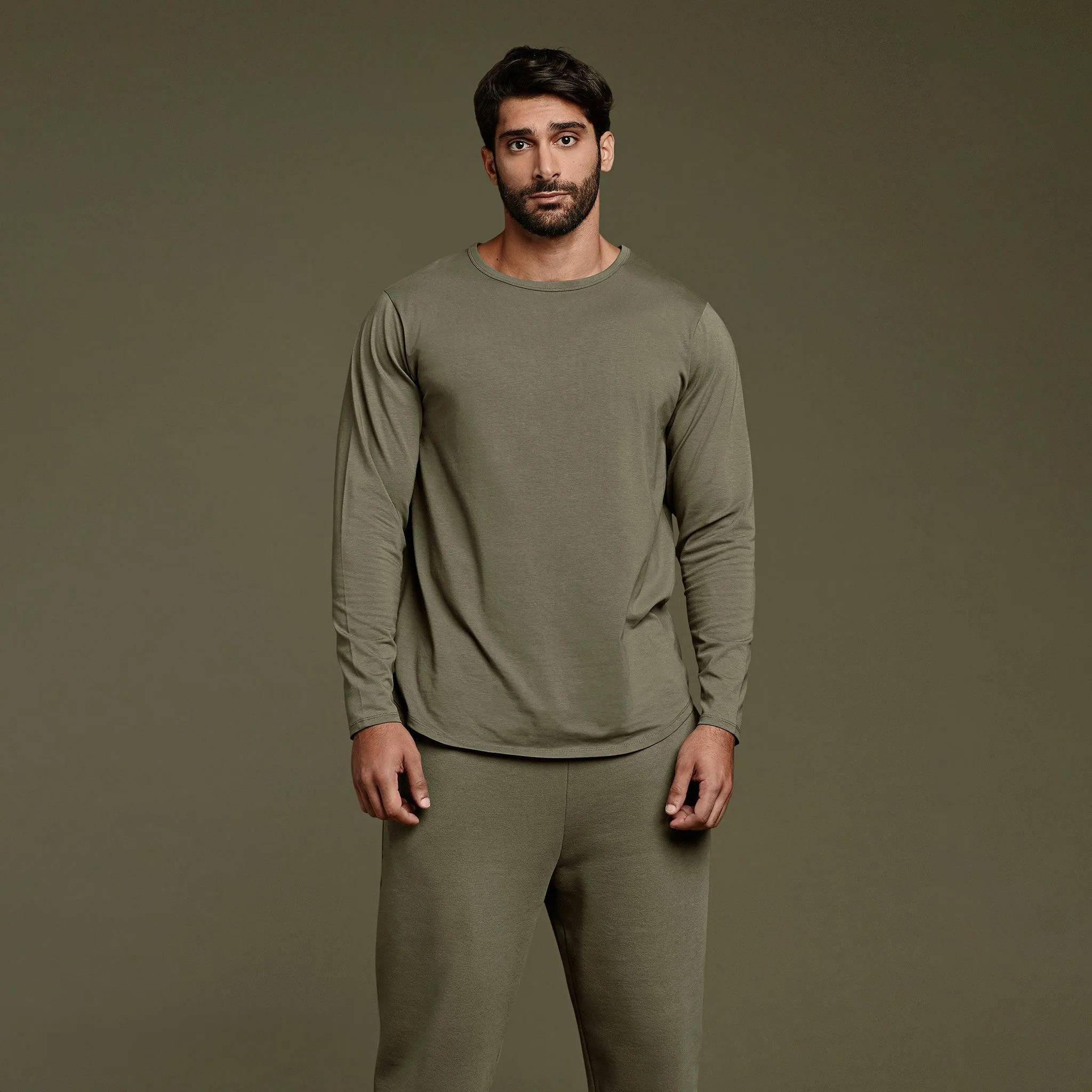 Long Sleeve Curved Hem T-Shirt | Olive sold by nuuds