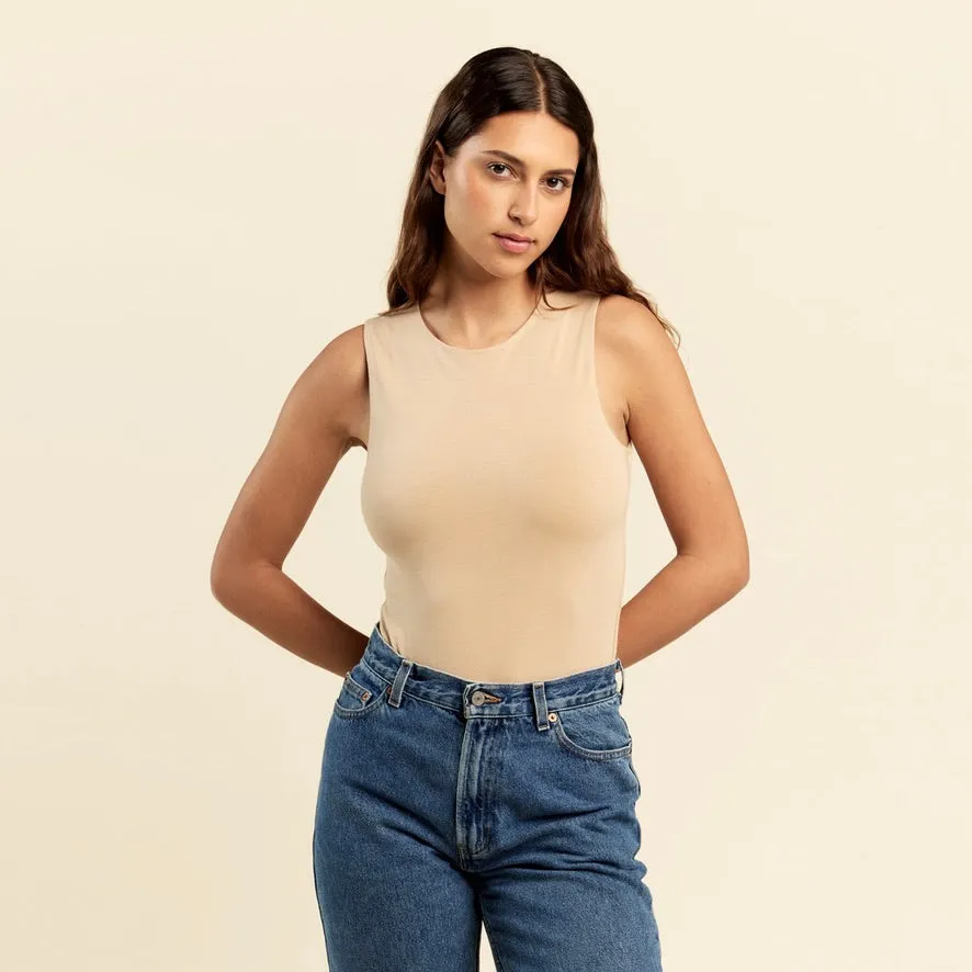 Cotton Stretch Classic Crewneck Tank Bodysuit | Oat sold by nuuds