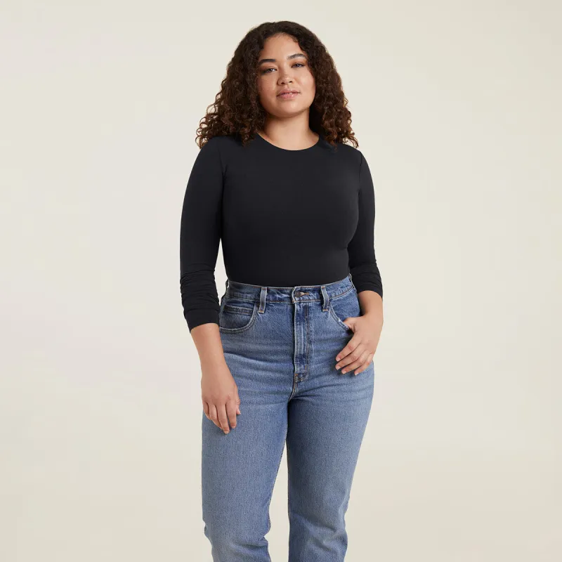 Cotton Stretch Long Sleeve Crewneck Bodysuit | Black sold by nuuds