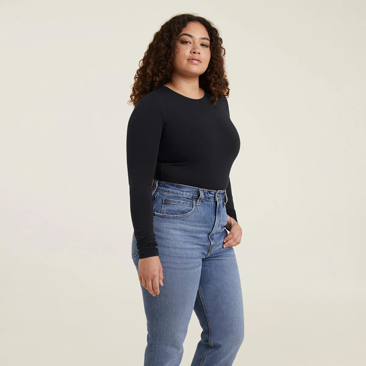 Cotton Stretch Long Sleeve Crewneck Bodysuit | Black sold by nuuds product image thumbnail 3