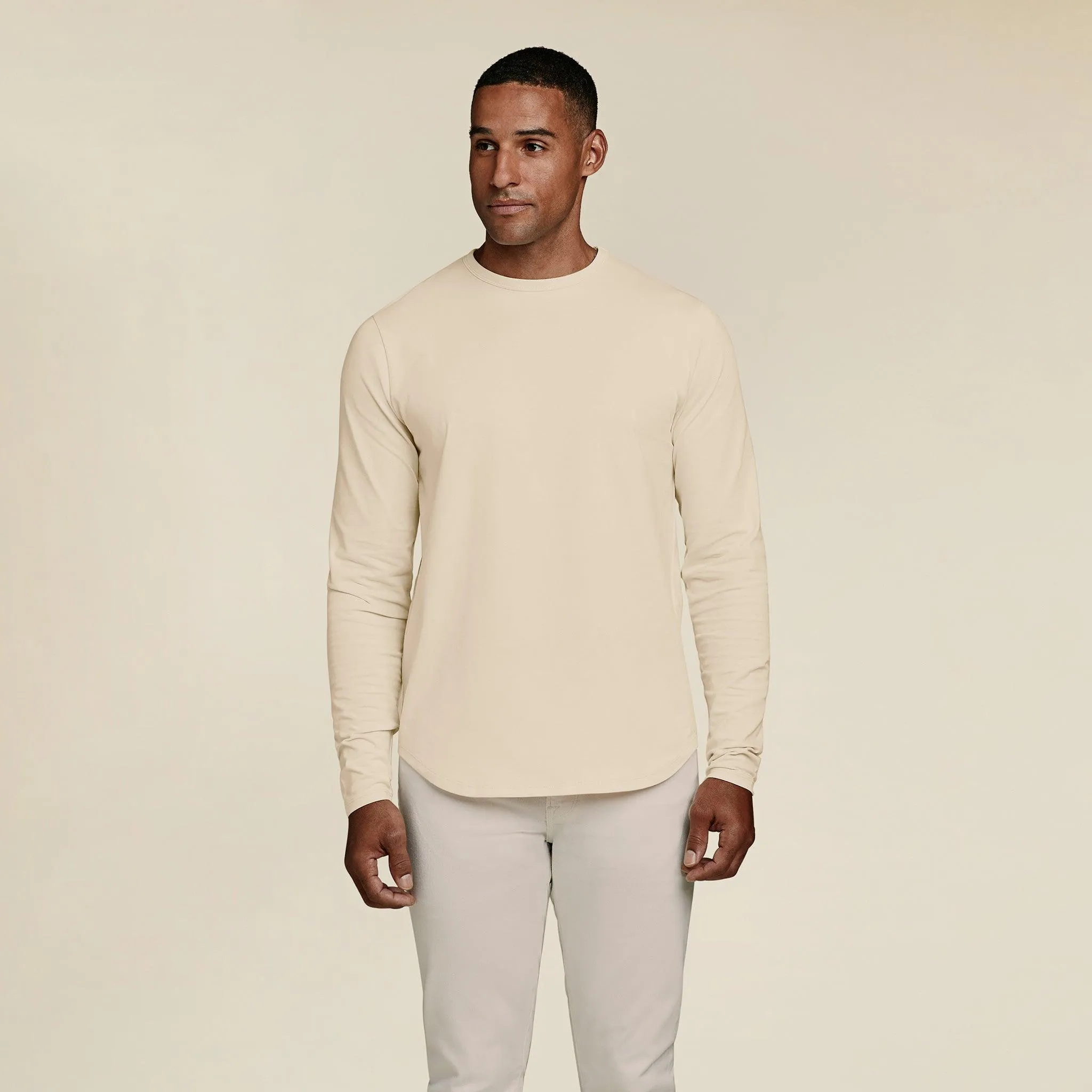 Long Sleeve Curved Hem T-Shirt | Bone sold by nuuds