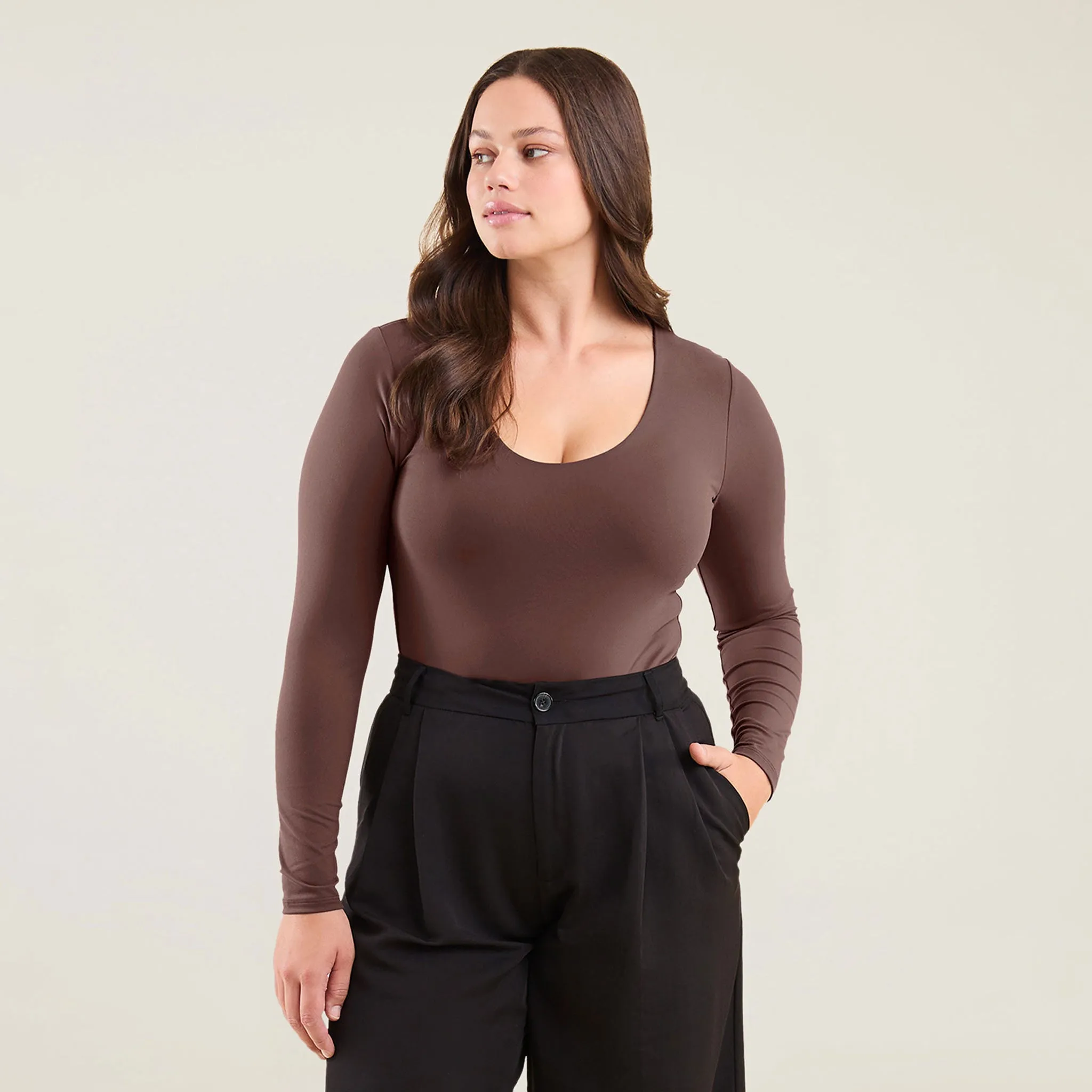 Long Sleeve Scoop Neck Bodysuit | Coffee sold by nuuds