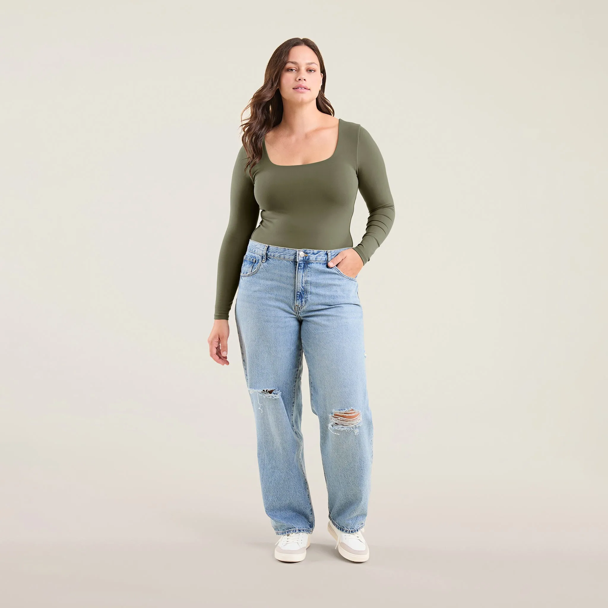 Long Sleeve Square Neck Bodysuit | Olive sold by nuuds product image thumbnail 2